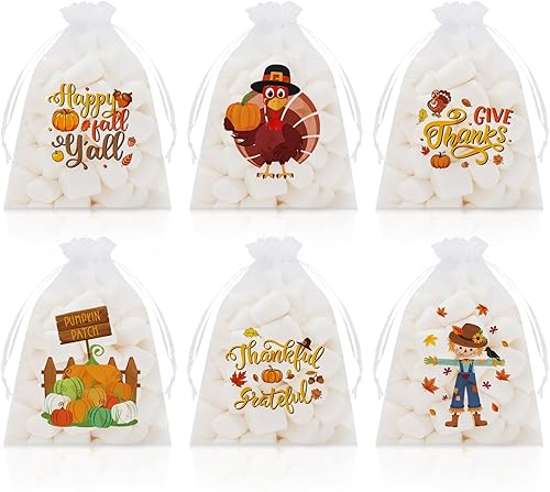 Miniatura 1 de Whaline 48 bolsas de organza de otoño de Acción de Gracias, con cordón, pavo, calabaza, espantapájaros, palabras, bolsas de regalo, bolsas de regalo