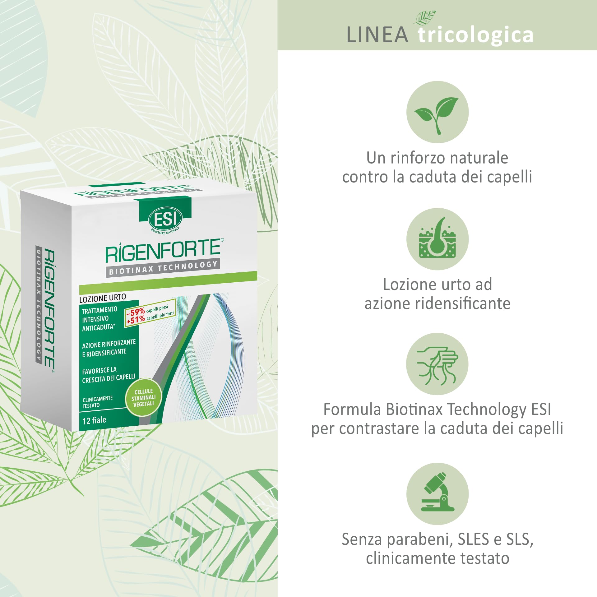 ESI - Rigenforte Lozione Urto, Trattamento Contro la Caduta dei Capelli con Biotinax, Protegge da Stress Ossidativo e Migliora la Salute del Capello, Dermatologicamente Testato, 12 Fiale
