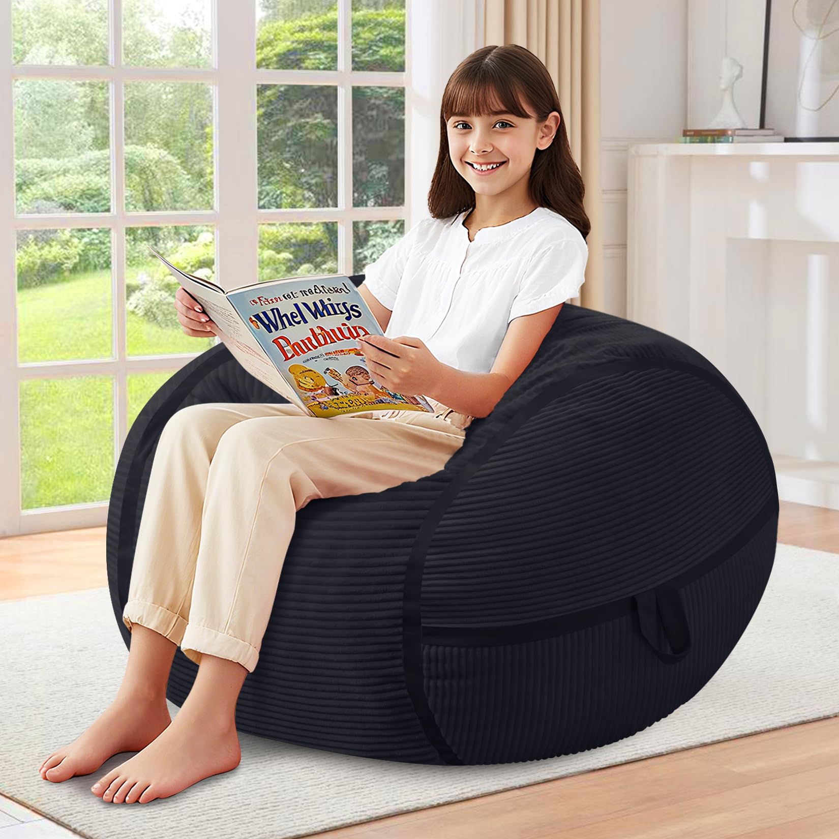 HABUTWAY Bean Bag Chair, 2FT Bean Bag Chairs with Memory Foam Filled, Comfy Bean Bag Sofa with Portable Handle, Ultra-Soft Corduroy BeanBag for Living Room, Bedroom, No Assembly - Black