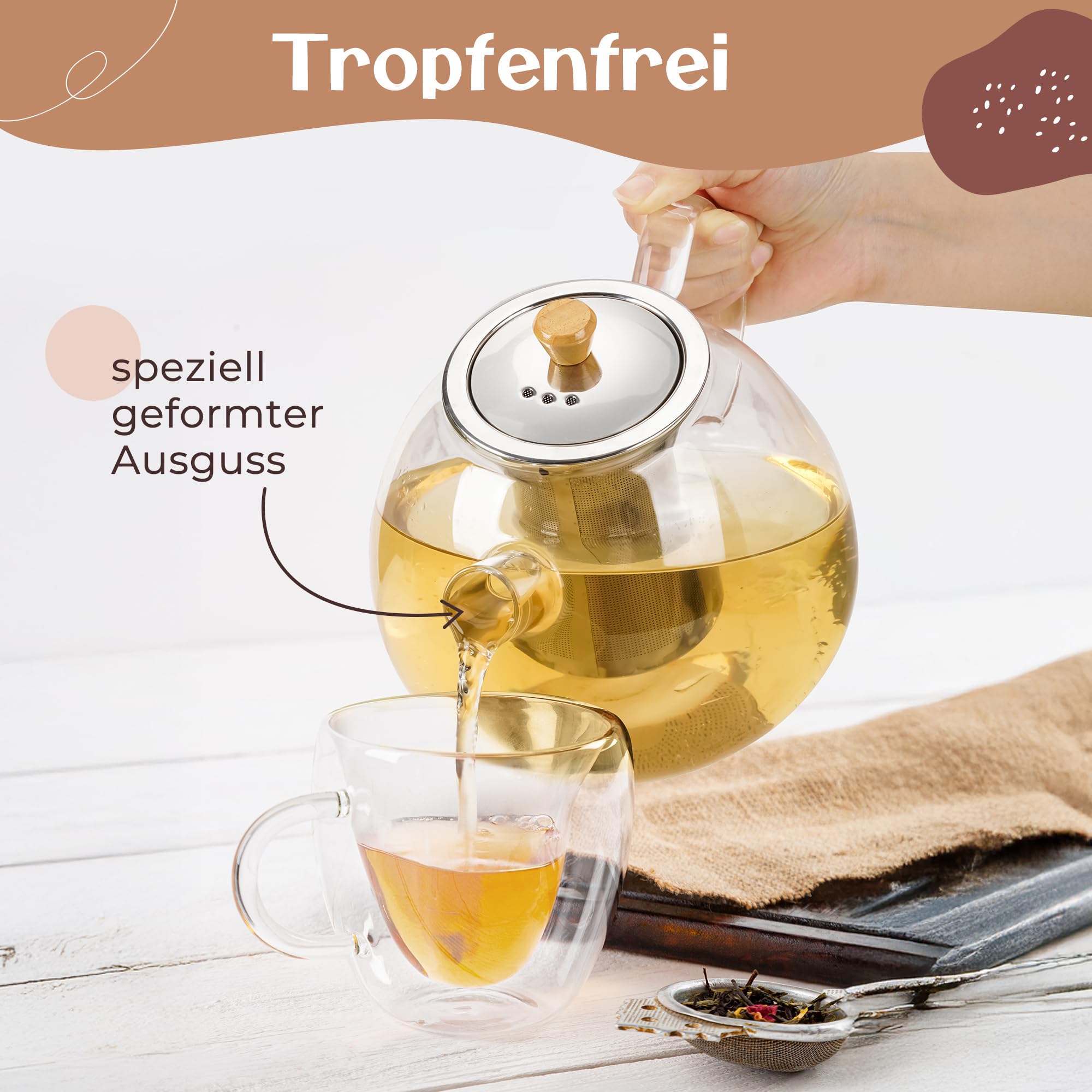 Zestaw dzbanka do herbaty z podgrzewaczem - 1,5 litra - wzmocnione szkło - szklany dzbanek do herbaty z podgrzewaczem - wytrzymały dzbanek do herbaty na luźną herbatę - szklana kanistra