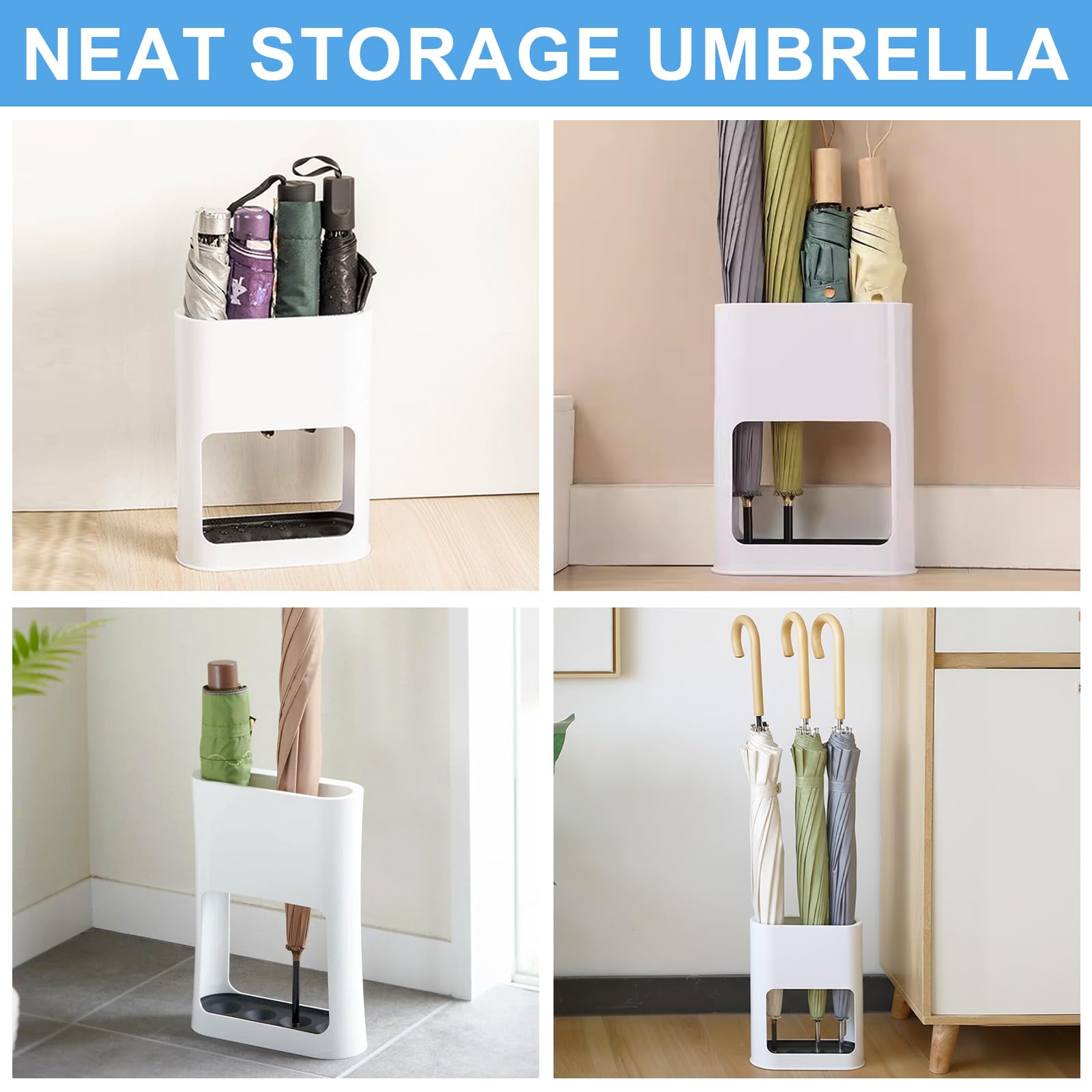 Portaombrelli in Plastica Bianco con Vassoio Antigoccia Rimovibile - Design Minimalista, Capacità 4 Ombrelli (Piccoli/Grandi), Dimensioni 28x22x9 cm - Ideale per Casa/Ufficio