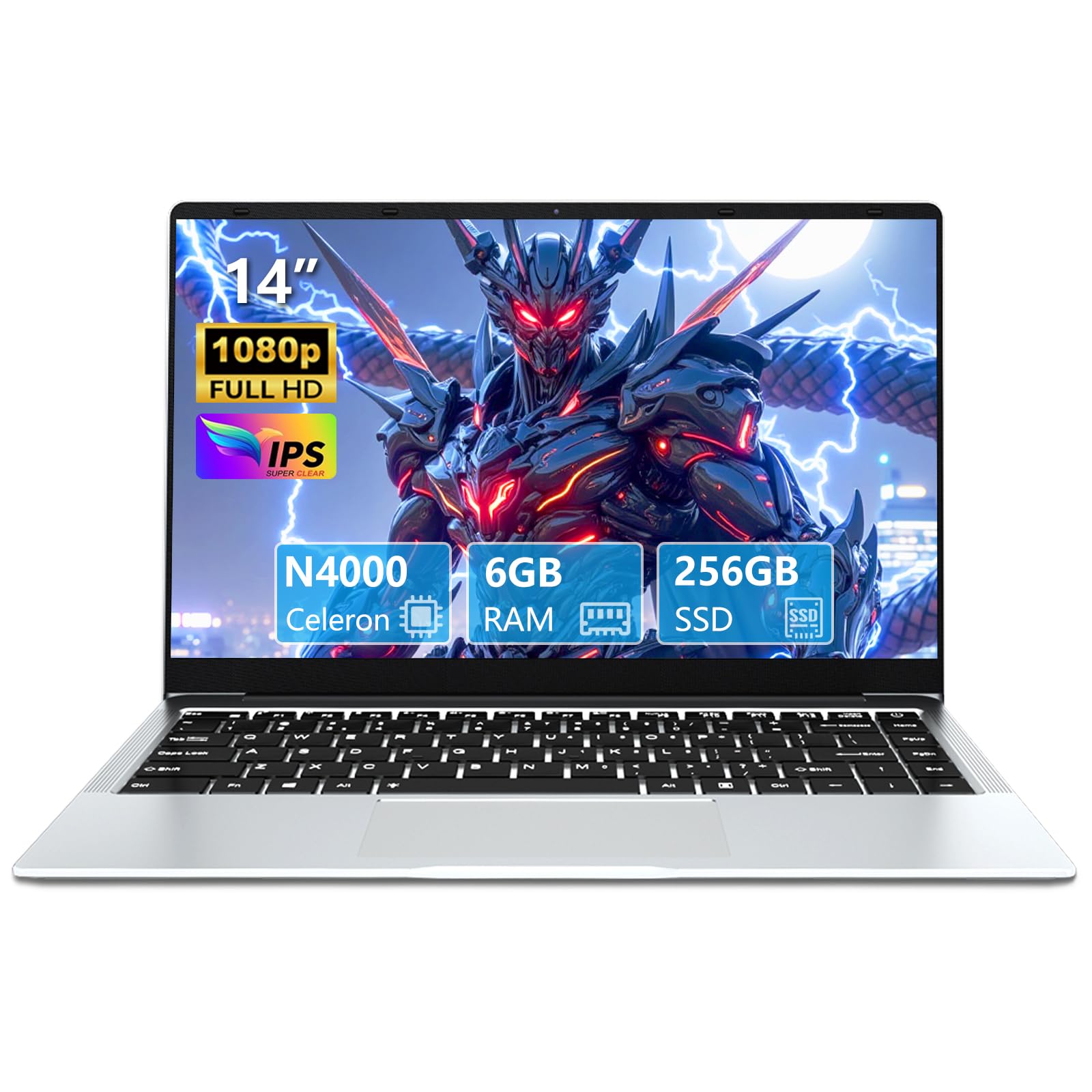 PC Portatile 14,1 Pollici, Notebook Celeron N4000 Processor, Win11 PC Portatile 6GB LPDDR4 RAM 256GB SSD, 1920 * 1080P Schermo 80°Flip, Batteria 7.6V/5000MA, Mini-HDMI/USB3.0, UHD Graphics 600