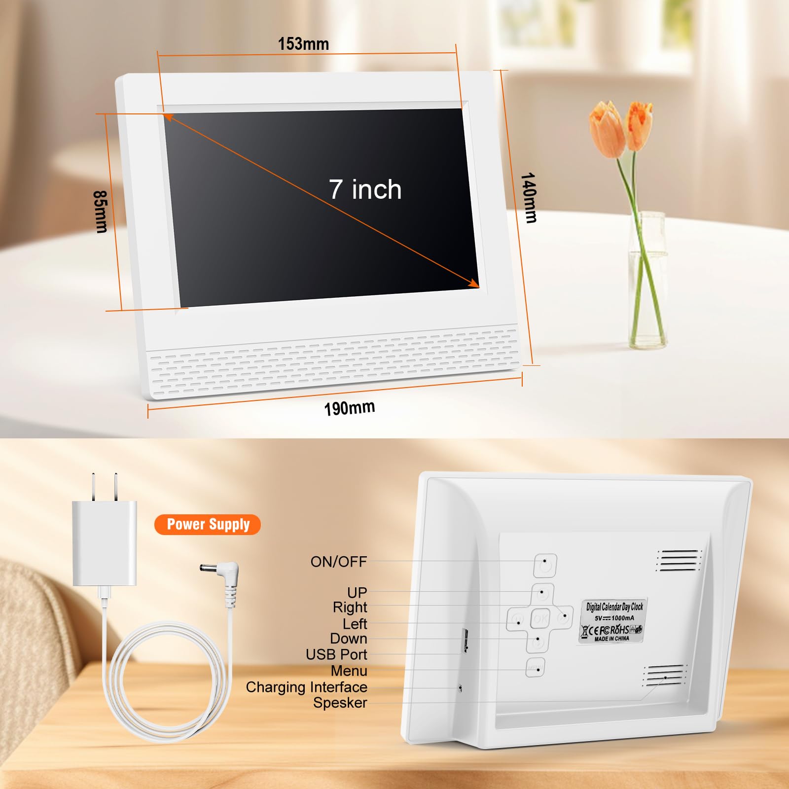 Budzik Cyfrowy Kalendarz Zegar, 7" LCD Automatyczne ściemnianie z czasem, datą, rokiem miesiącem dzień bez skrótu Pełny zegar dla osób starszych Utrata pamięci Alzheimer demencja - biały
