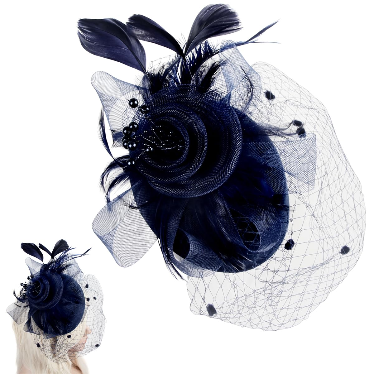 BundleMallFlower Mesh Feather Headband Fascinator Wedding Church Headwear Cocktail Tea Party Derby Hat for Girls and Women (C-Dark Blue)