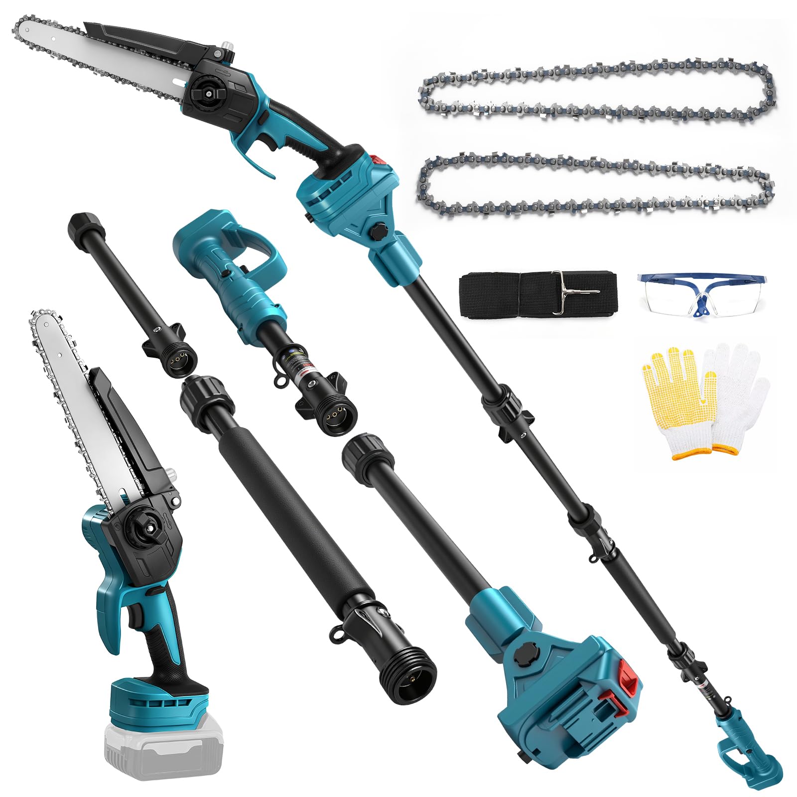 2 en 1 Mini Motosierra de 8 Pulgadas con Mástil Telescópico Compatible con Batería Makita, Motosierra con Alcance Máximo de 15 Pies para Poda de Ramas de Árboles, Corte de Madera (sin Batería)