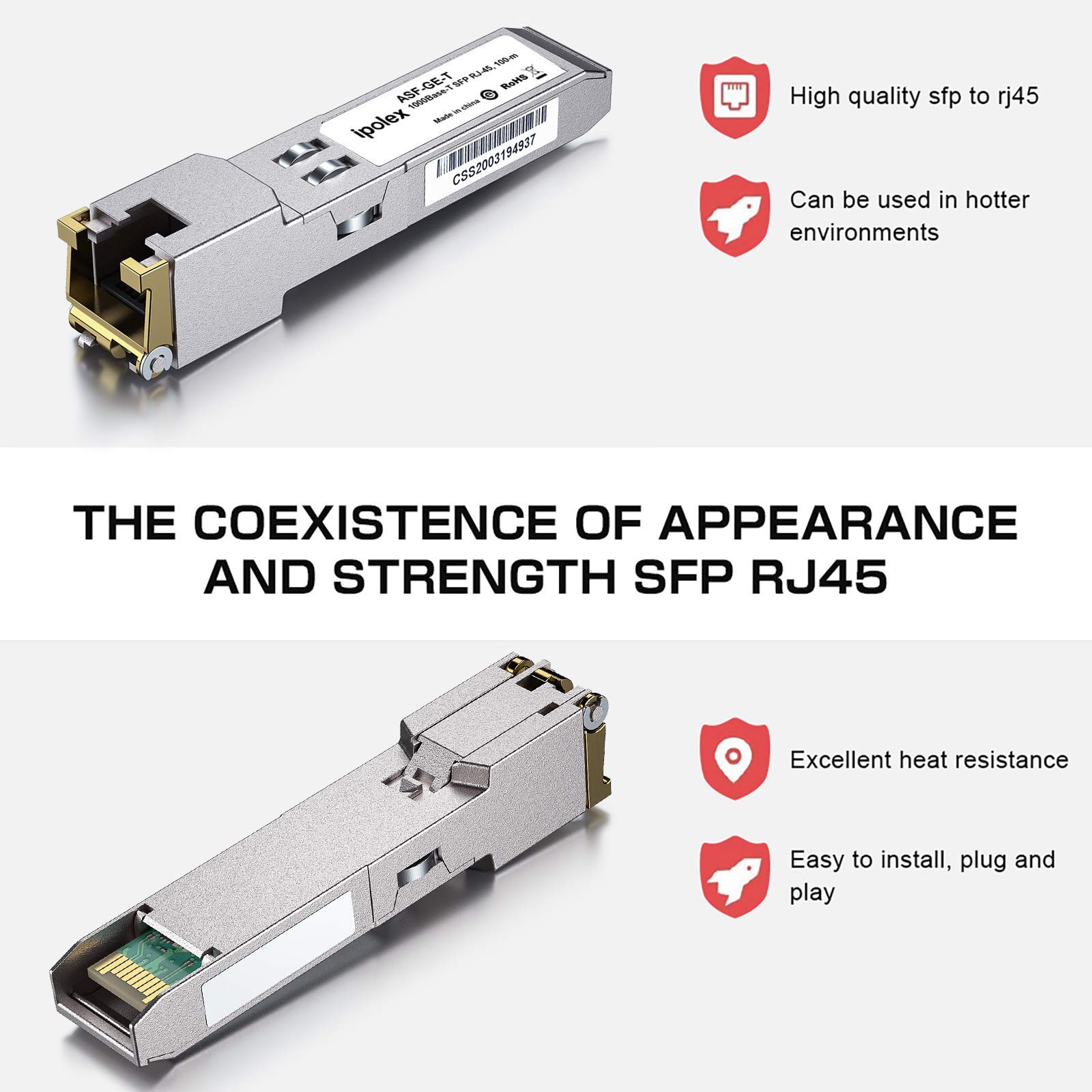 ipolex 1G SFP RJ45 Ricetrasmettitore rame Mini GBIC 1000Base-T Cisco GLC-T SFP-GE-T Meraki MA-SFP-1GB-TX Ubiquiti UF-RJ45-1g Mikrotik CAT.5e 100m
