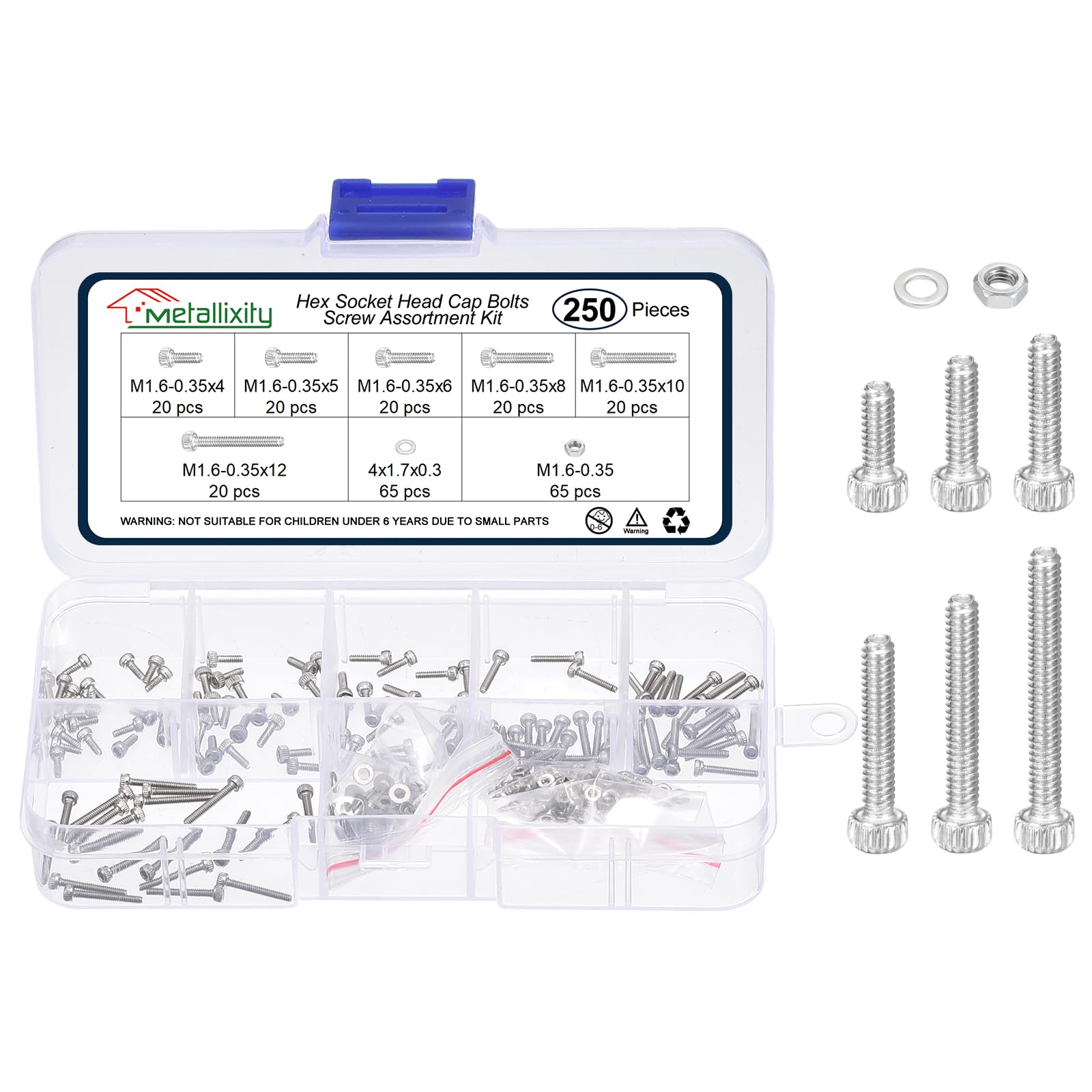 METALLIXITY Socket Head Cap Screws Kit (M1.6x4/5/6/8/10/12) 250Pcs, Stainless Steel Allen Socket Drive - Machine Internal Hex Screw, Silver โ image 1
