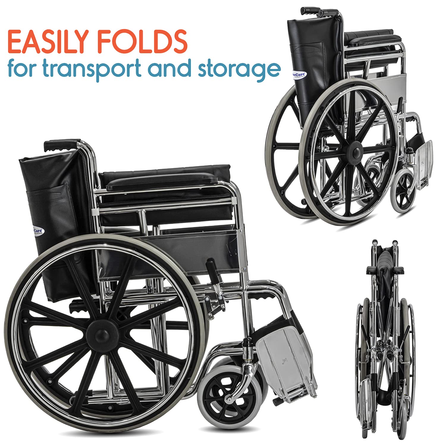KosmoCare Dura Rexine Doli Wheelchair | Heavy-Duty Steel Frame | Chrome Plated Coating | Rexine Upholstery Seat | Extendible Rods | 24” Rear Wheels | PVC Front Casters | Foldable Design - Image 5 thumbnail