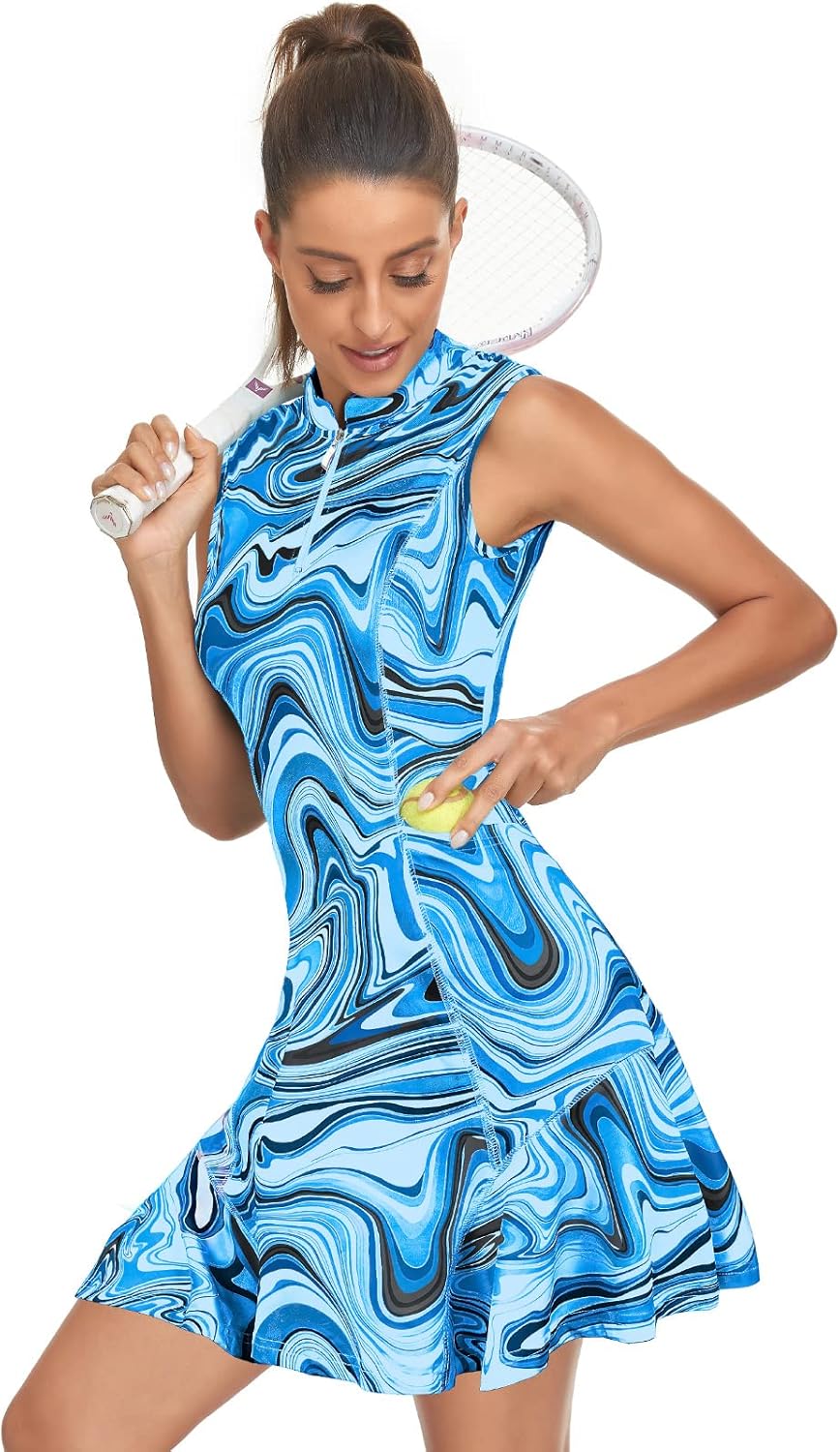 Tanst Sky Women's Golf Dress with Shorts Zip Up Quick Dry Sleeveless Pockets Tennis Workout Dresses - Image 3