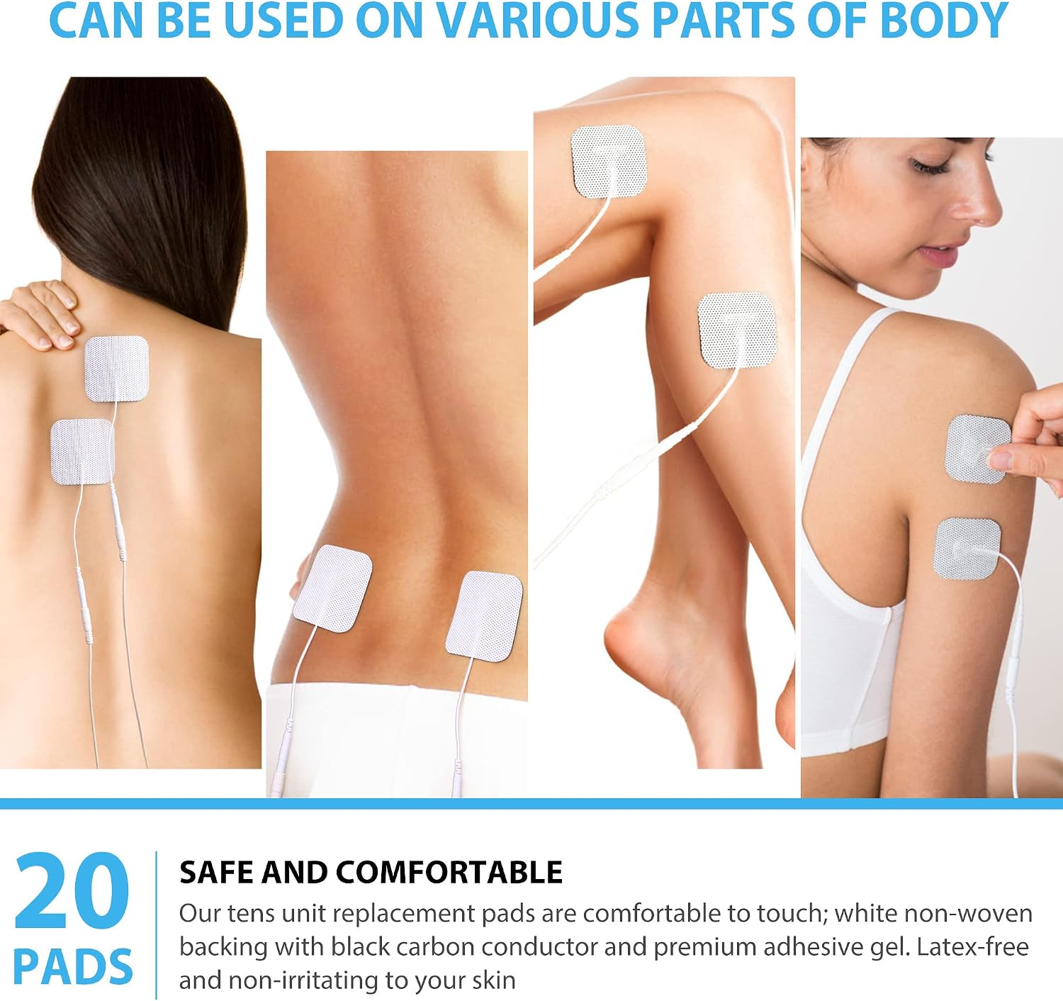 TENS Unit Replacement Pads 2”x2”, 20 Pcs TENS Electrode Pads for Electrotherapy, Self-Adhesive TENS Pads for EMS Muscle Stimulation Machine, Reusable, Latex-Free