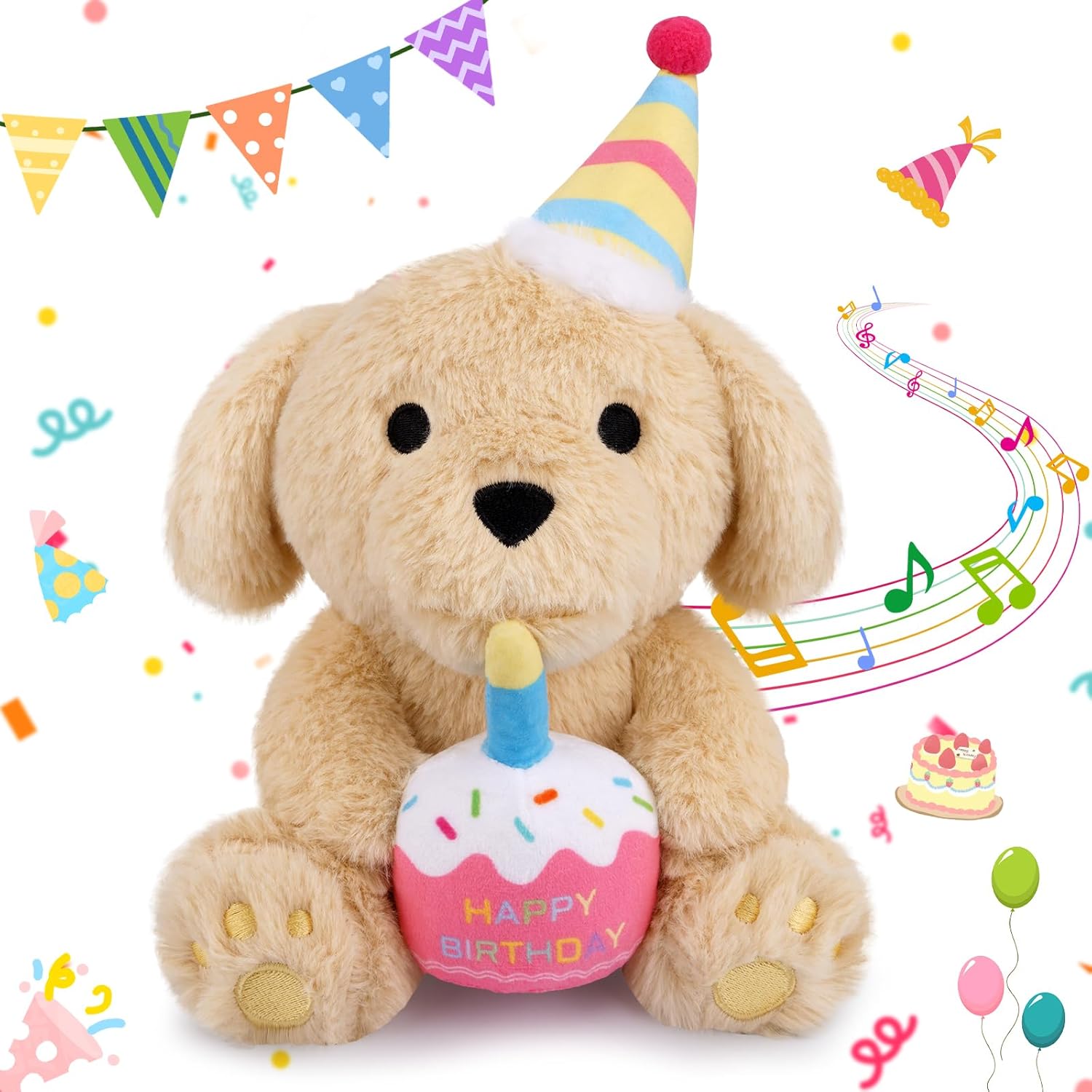 Birthday Sit Dog Plush Toy- Happy Birthday Singing & Glow Stuffed Animal, Musical Dancing Soft Puppy Stuffed Animal with Light-Up Cake, Singing Toy Party Doll Decor Gift for Girls Kids Boys