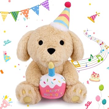 Birthday Sit Dog Plush Toy- Happy Birthday Singing & Glow Stuffed Animal, Musical Dancing Soft Puppy Stuffed Animal with Light-Up Cake, Singing Toy Party Doll Decor Gift for Girls Kids Boys