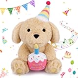 Birthday Sit Dog Plush Toy- Happy Birthday Singing & Glow Stuffed Animal, Musical Dancing Soft Puppy Stuffed Animal with Light-Up Cake, Singing Toy Party Doll Decor Gift for Girls Kids Boys