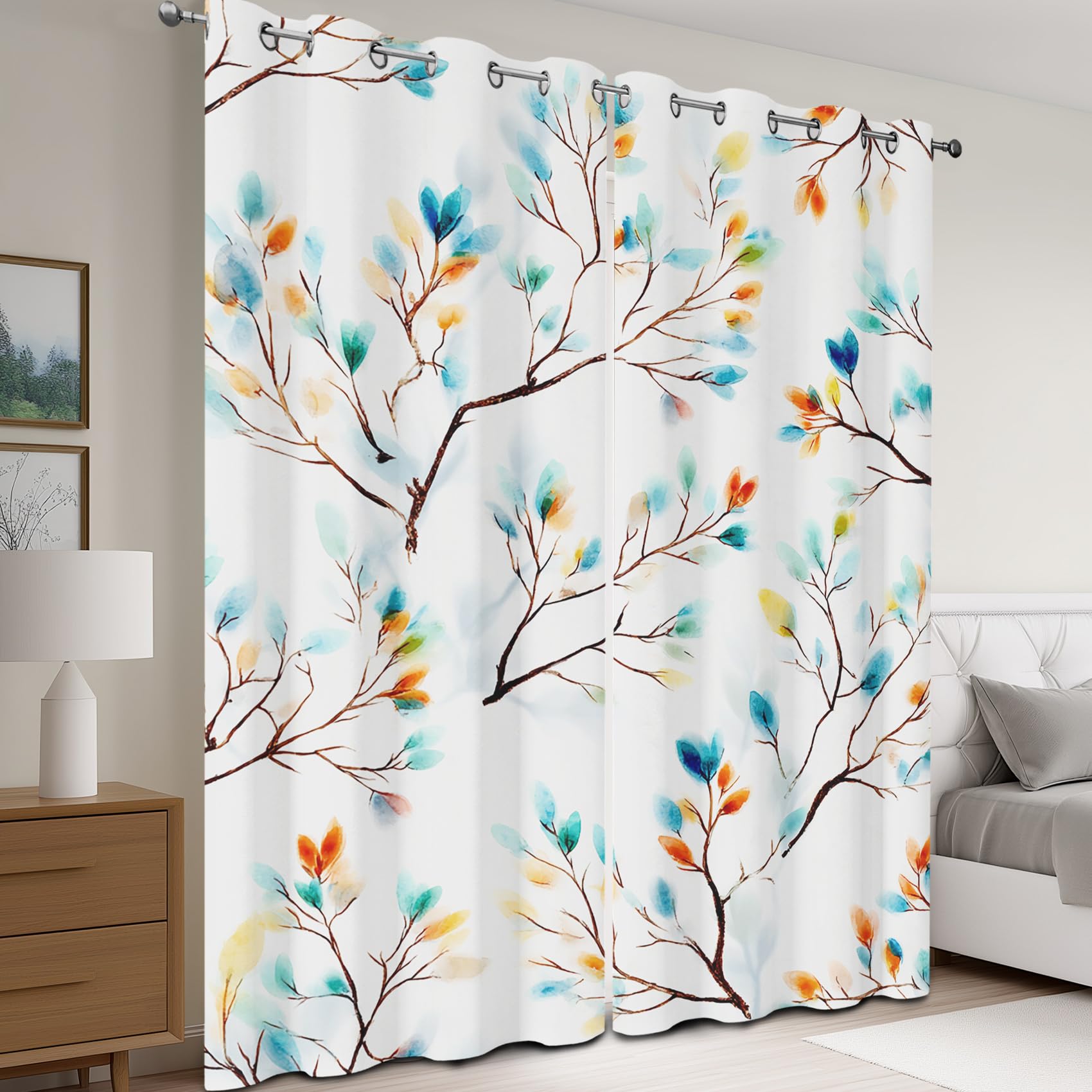 Generisch Bunt Blätter Vorhänge Blickdicht, Boho Blume Gardinen mit Ösen für Wohnzimmer Schlafzimmer, Thermovorhang Kälteschutz Fenster 2er Set H 137 x B 117 - Sd&i294