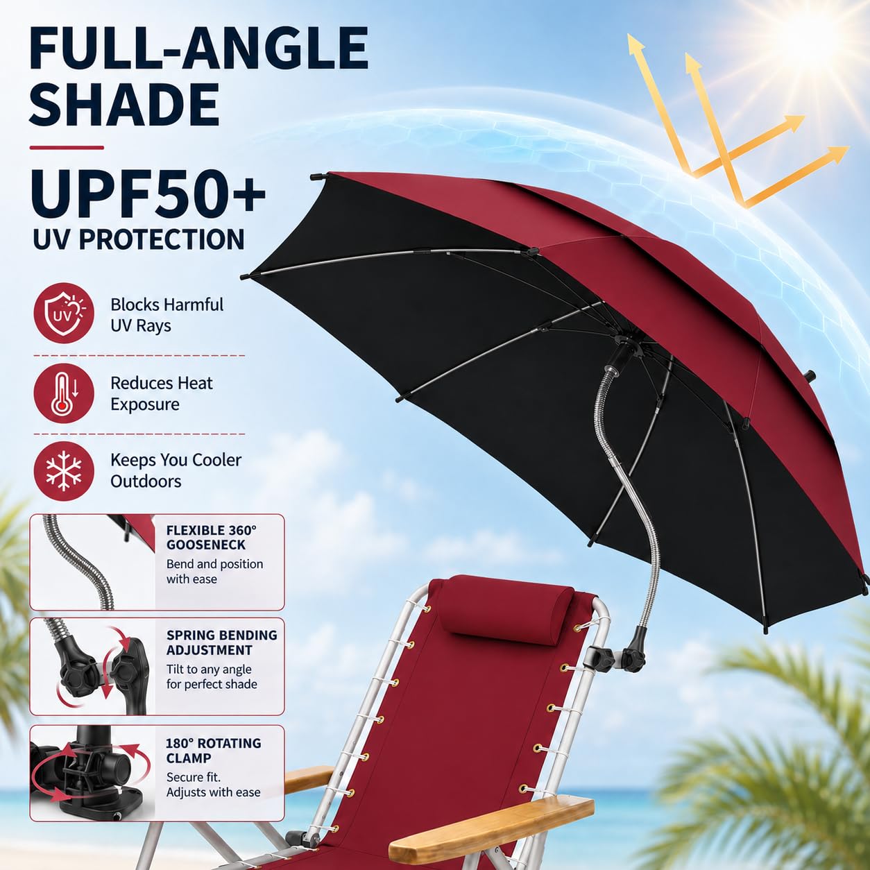 Parasol Double de 123,4 cm avec Pince, Protection UPF50+, Parasol de Plage avec Clip, réglable à 360° pour Fauteuil Roulant, terrasse, Camping,Rouge,1 Pack