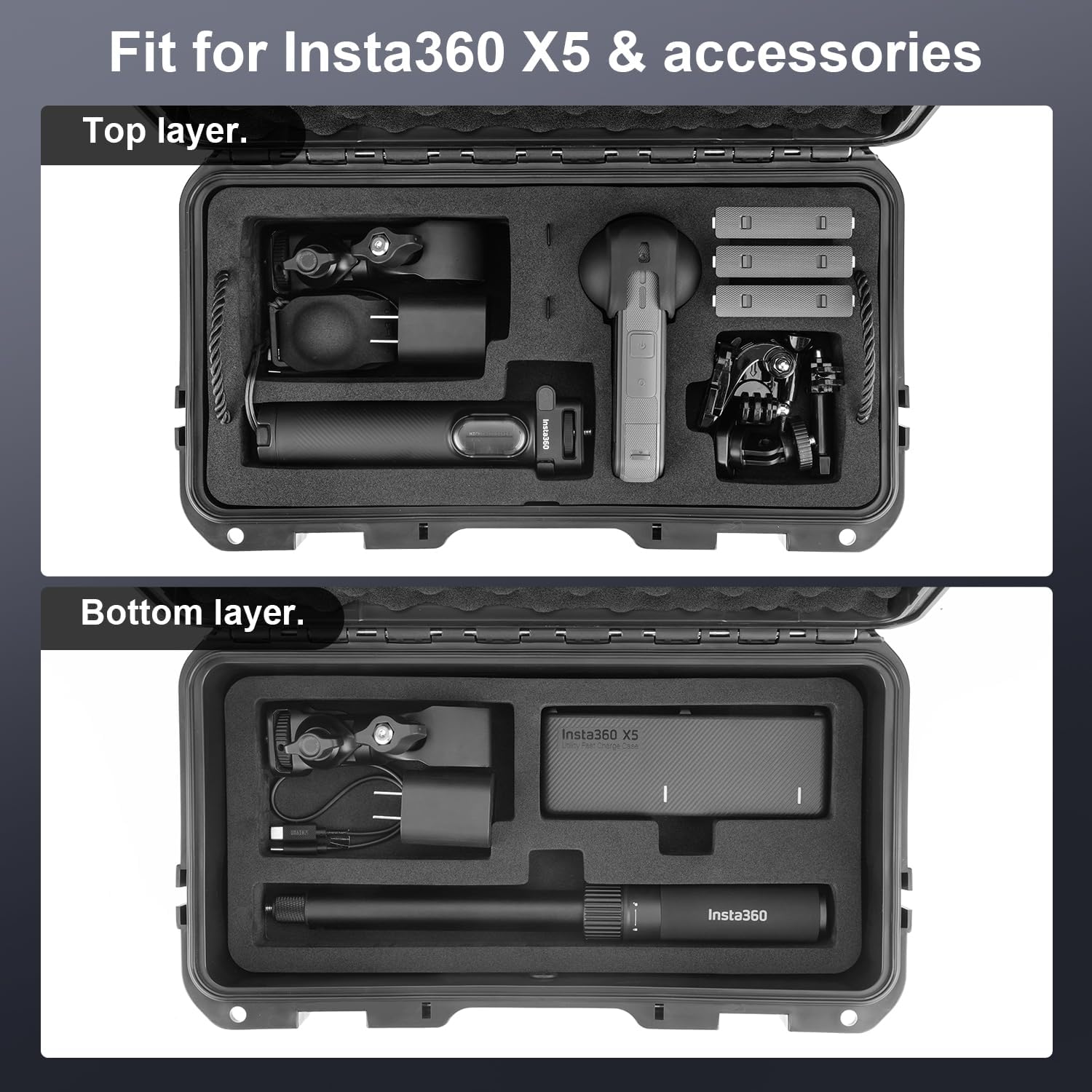 Waterproof Hard Case Compatible with Insta360 X5 / Insta360 X4 Action Camera and Accessories, Travel Carrying Bag for Selfie Sticks, Batteries, Charger and Motorcycle Clamp