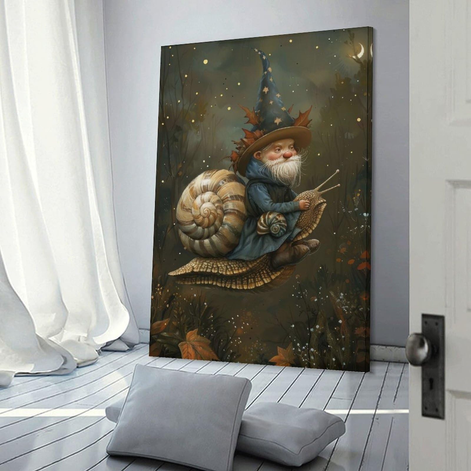 Junmoney Frame-Style-3 Hanging Wall Art Gnome Riding Snail, 24X36inch(60X90cm), For Entryway, Lounge Links Or Small Walls, A Neat Decor Update For Hallways