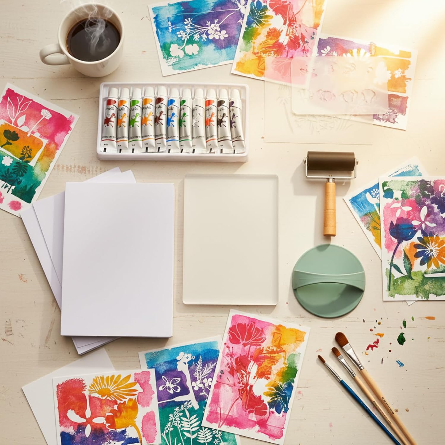 Fuyoooo 5" x 7" Gel Printing Plate Starter Kit - Beginner Monoprinting Set with Brayer, Stencils, Acrylic Paints & Printing Paper for Mixed Media Art & Card Making