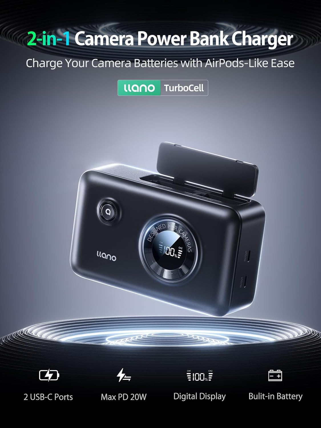 llano LP-E6NH Portable Camera Dual Fast Battery Charger with CS2 Camera Charger(No Bulit-in Power), Ultra Power Set for Pro User, Outdoor, Travel and More