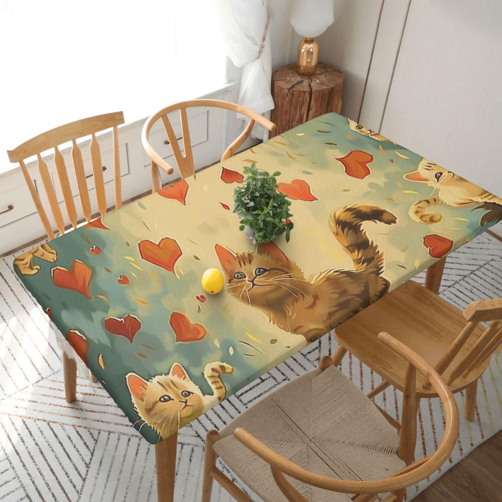 WPKJU Happy Walking Kitty Printed Tablecloths 5ft Rectangular Table Covers Washable Polyester Decorative Table Cloth for Dining Table Picnic Wedding