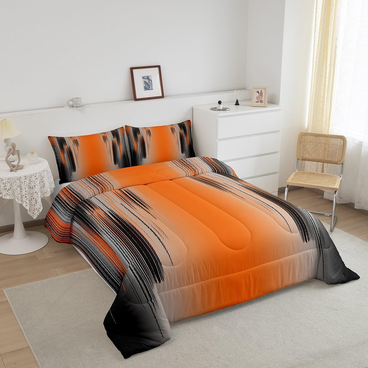 jejeloiu Orange and Black Comforter Set King Size Modern Art Comforter for Kids Teens Adults Messy Rust Bedding Set Gradient Stryle Duvet Set Room Decor 3Pcs with 2 Pillow Cases image 2