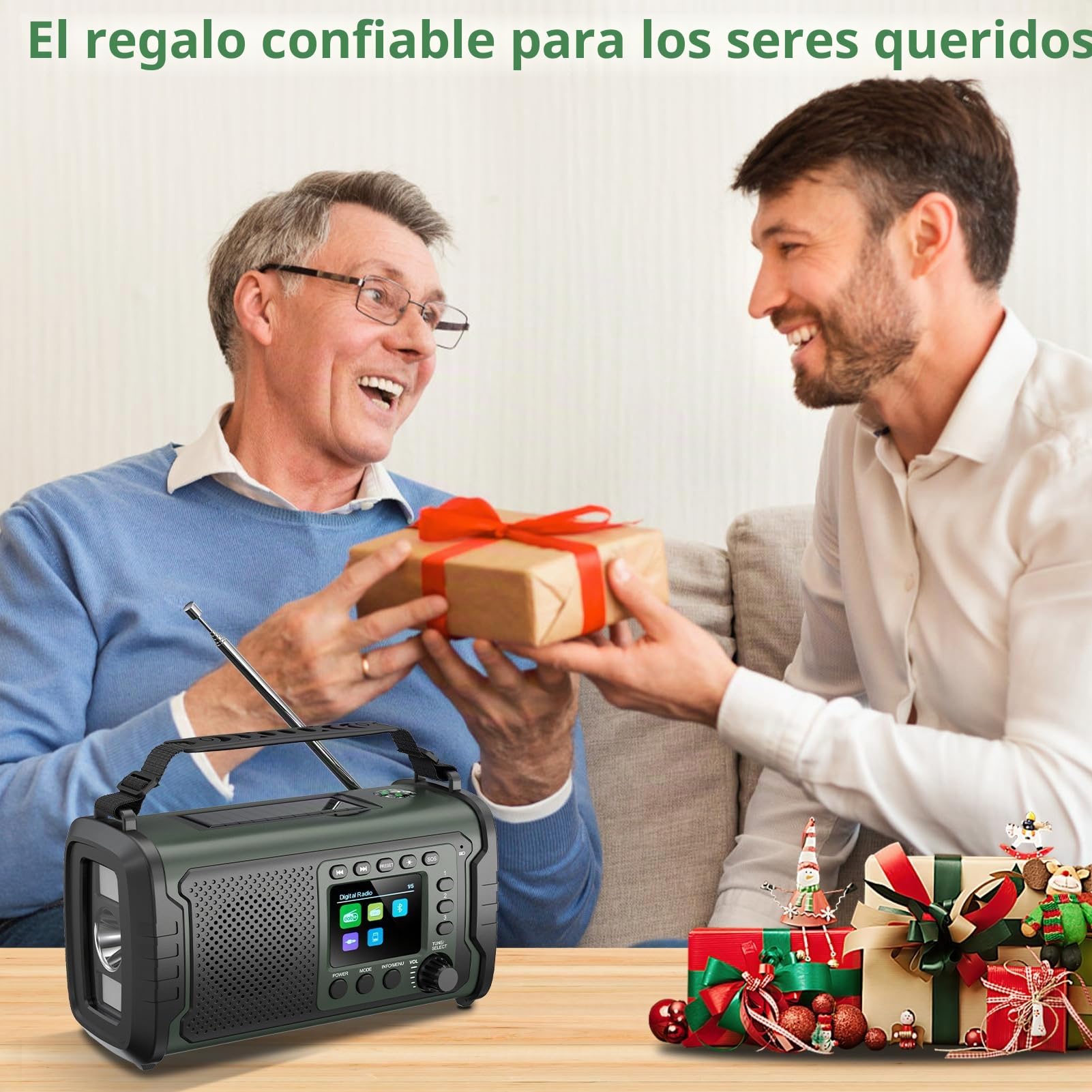Radio de Emergencia Dab/Dab+ 27000 mAh con Manivela, Solar y Bluetooth 5.3 | Power bank, carga USB, SOS, linterna, luz lectura y brújula, para apagones, camping, autocaravana, Verde Militar