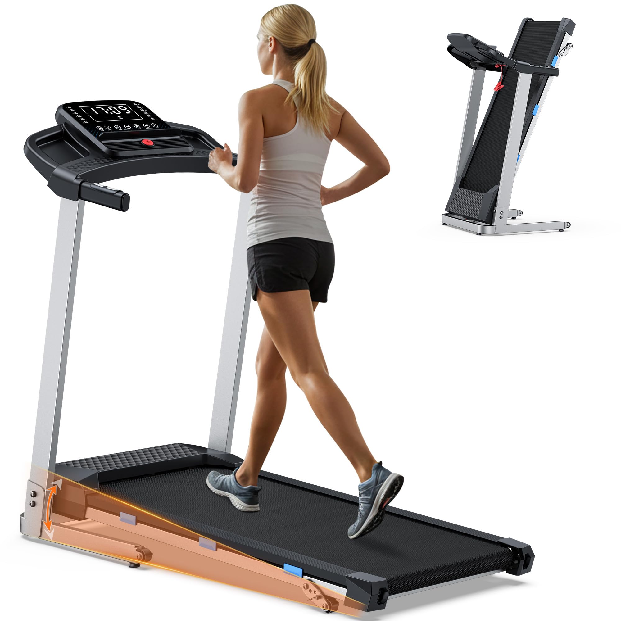 Folding Treadmill with Incline, 3.0 HP Quiet Treadmills for Home, 350 lbs Weight Capacity & 7.6 MPH, Incline Treadmill with Pulse Sensor and Bluetooth Speaker, Wide Belt, App, LED Display