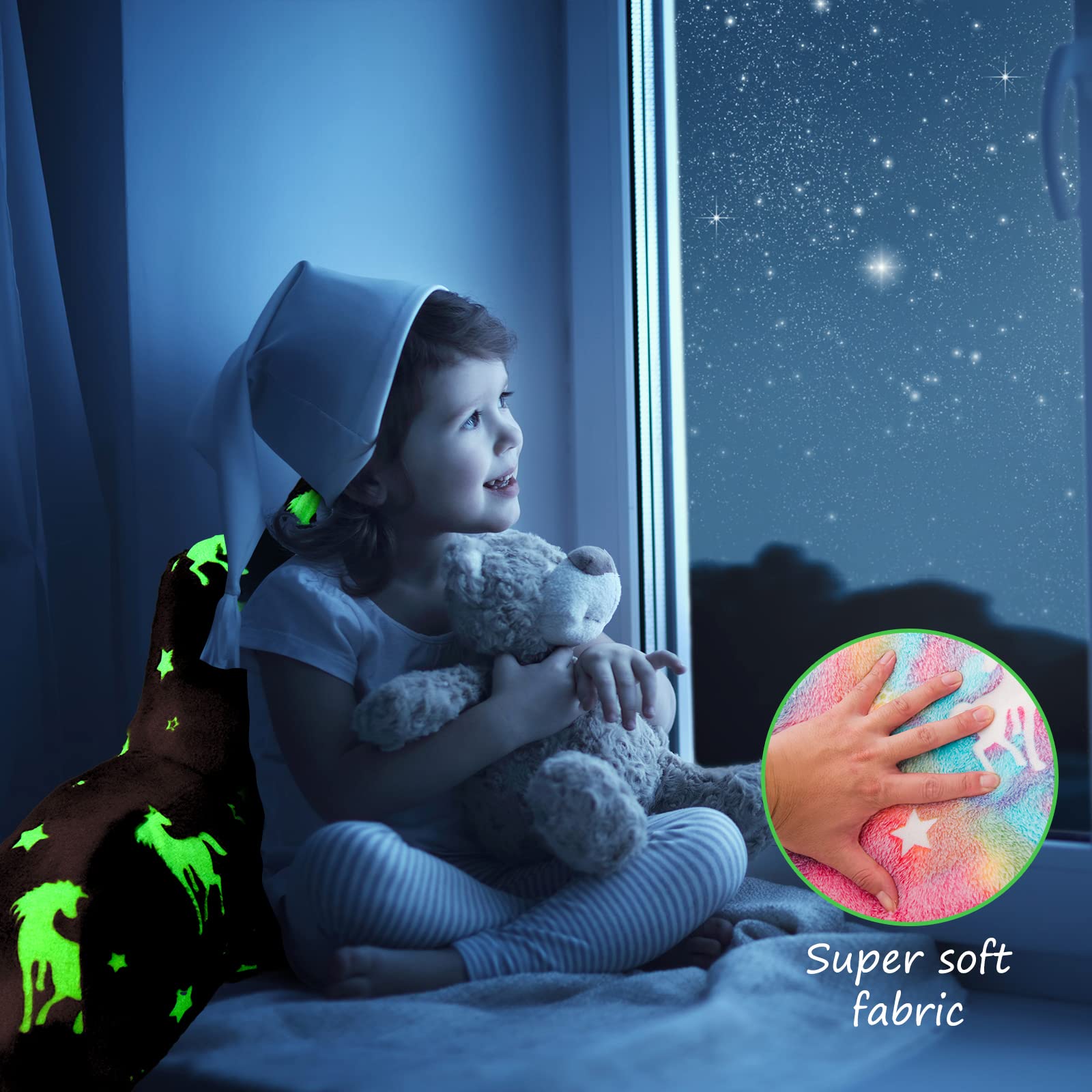 Aimuan Reading Pillow Glow in The Dark Bed Rest Wedge Kids Glow Backrest Pillow Unicorn Print with Arms Back Support for Sitting Up in Bed Cushion, Rainbow