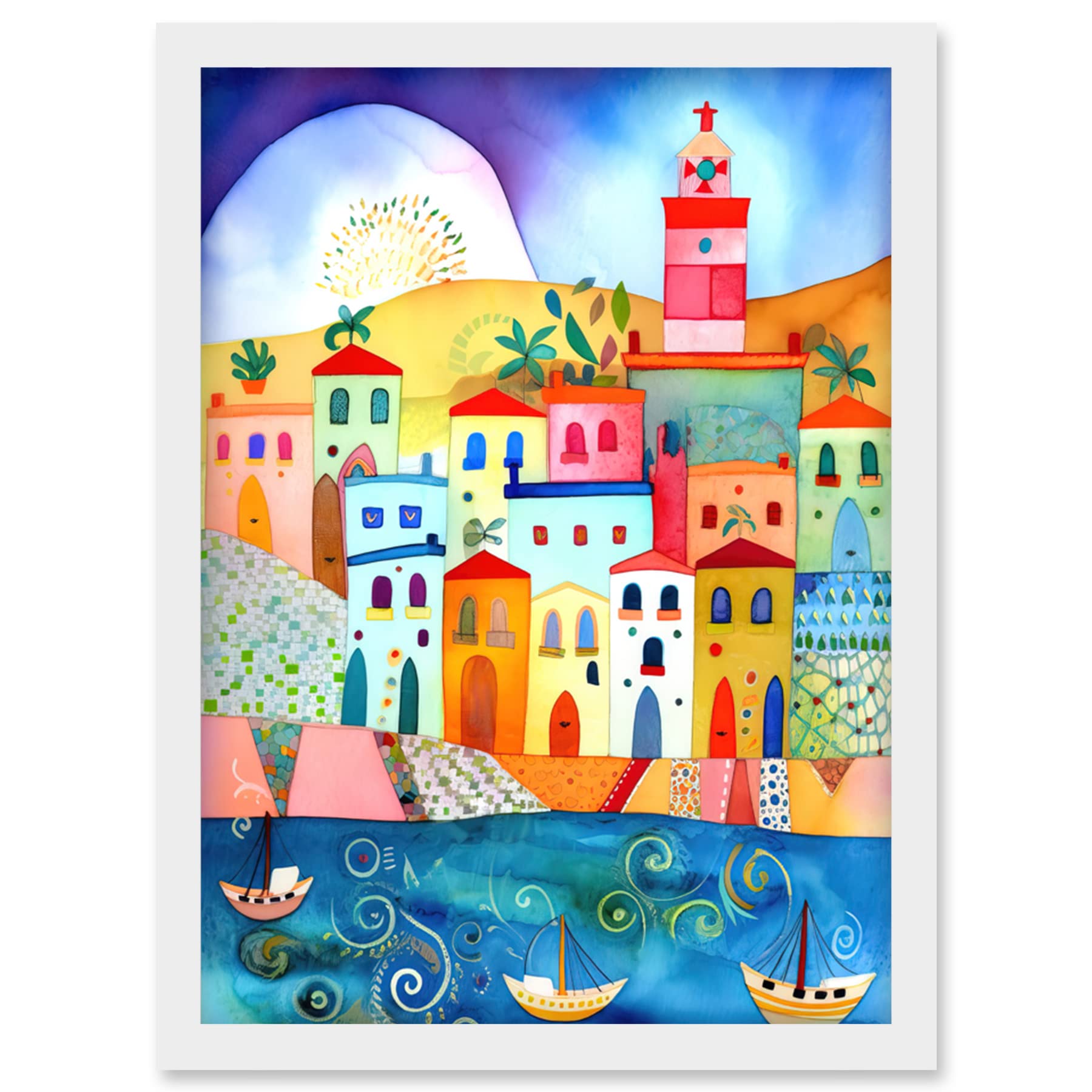 Artery8 Tunisia Seaside Town Folk Art Framed Wall Art Print A4