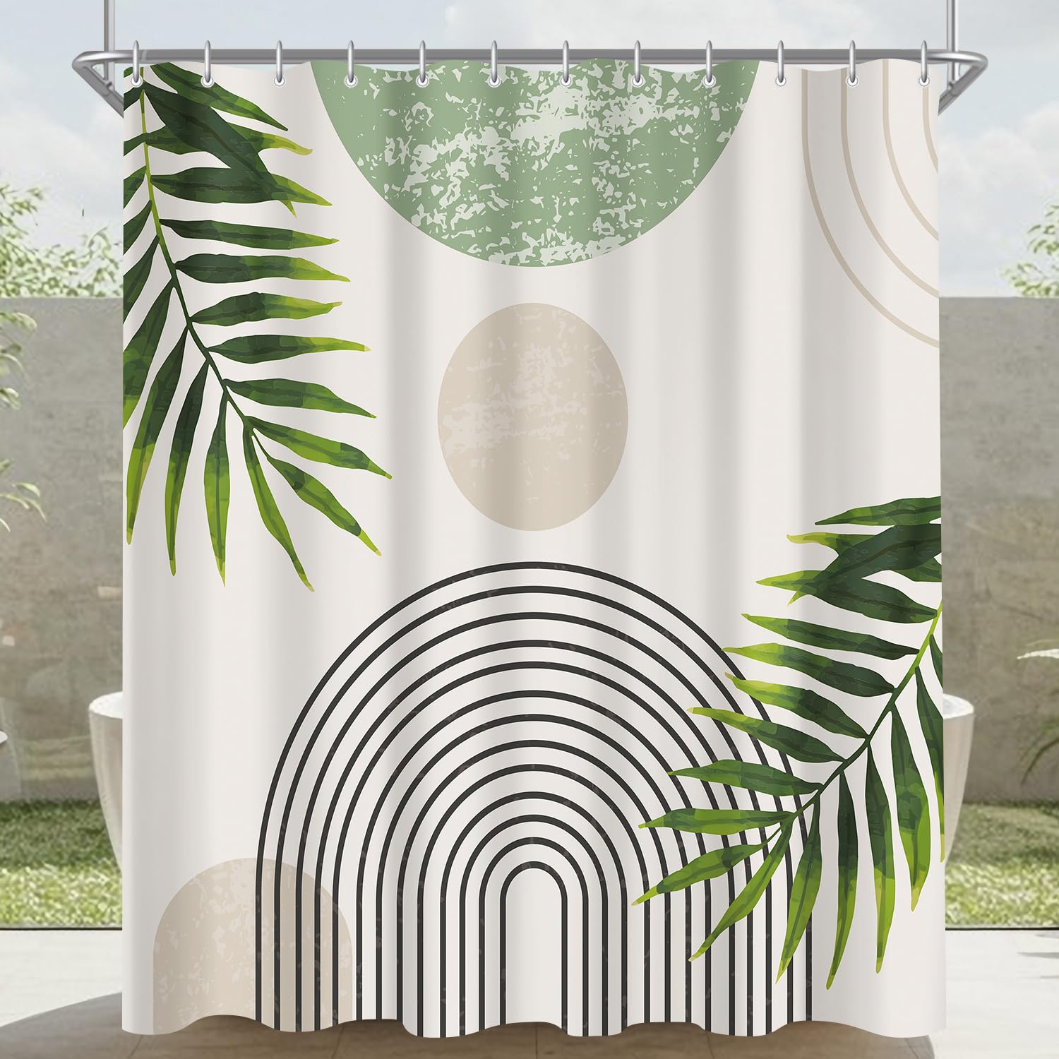 Lerores Shower Curtain, 120 x 200 cm, Green Leaves Line, Weighted Hem, Anti-Mould Textile, Water-Repellent