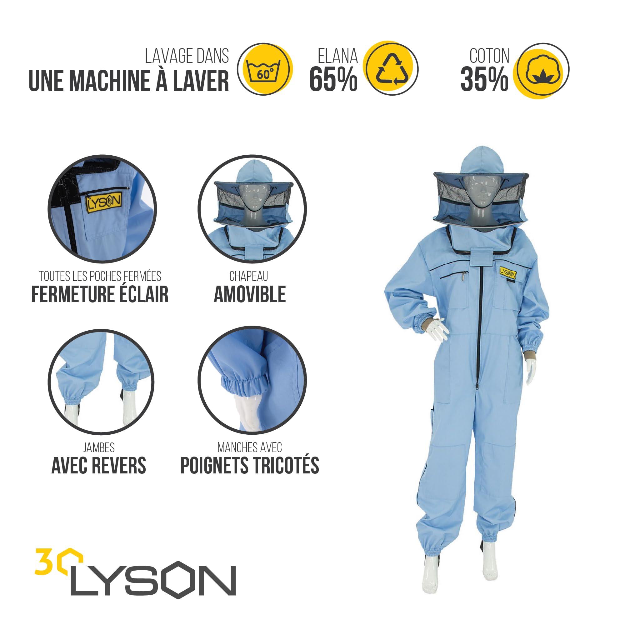 LYSON Combinaison d'apiculture avec voile, poignets sur les manches et les jambes Combinaison d'apiculture Vêtements d'apiculture professionnels avec chapeau amovible Bleu Taille L