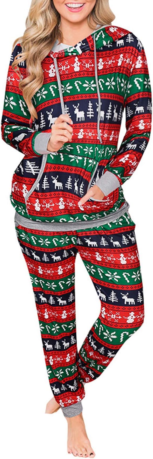 VNVNE Christmas Pajamas for Womens, Casual 2 Piece Pajama Set Print Long Sleeve Top & Pants Sleepwear Pjs Sets