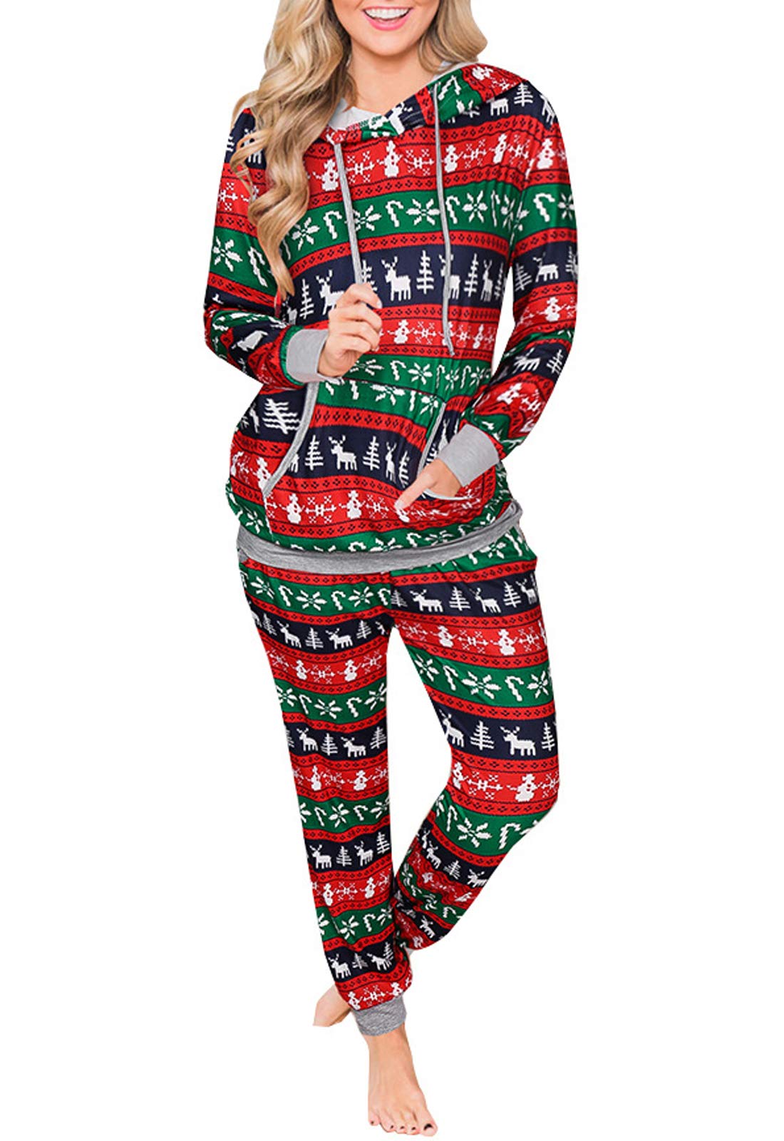 VNVNE Christmas Pajamas for Womens, Casual 2 Piece Pajama Set Print Long Sleeve Top & Pants Sleepwear Pjs Sets