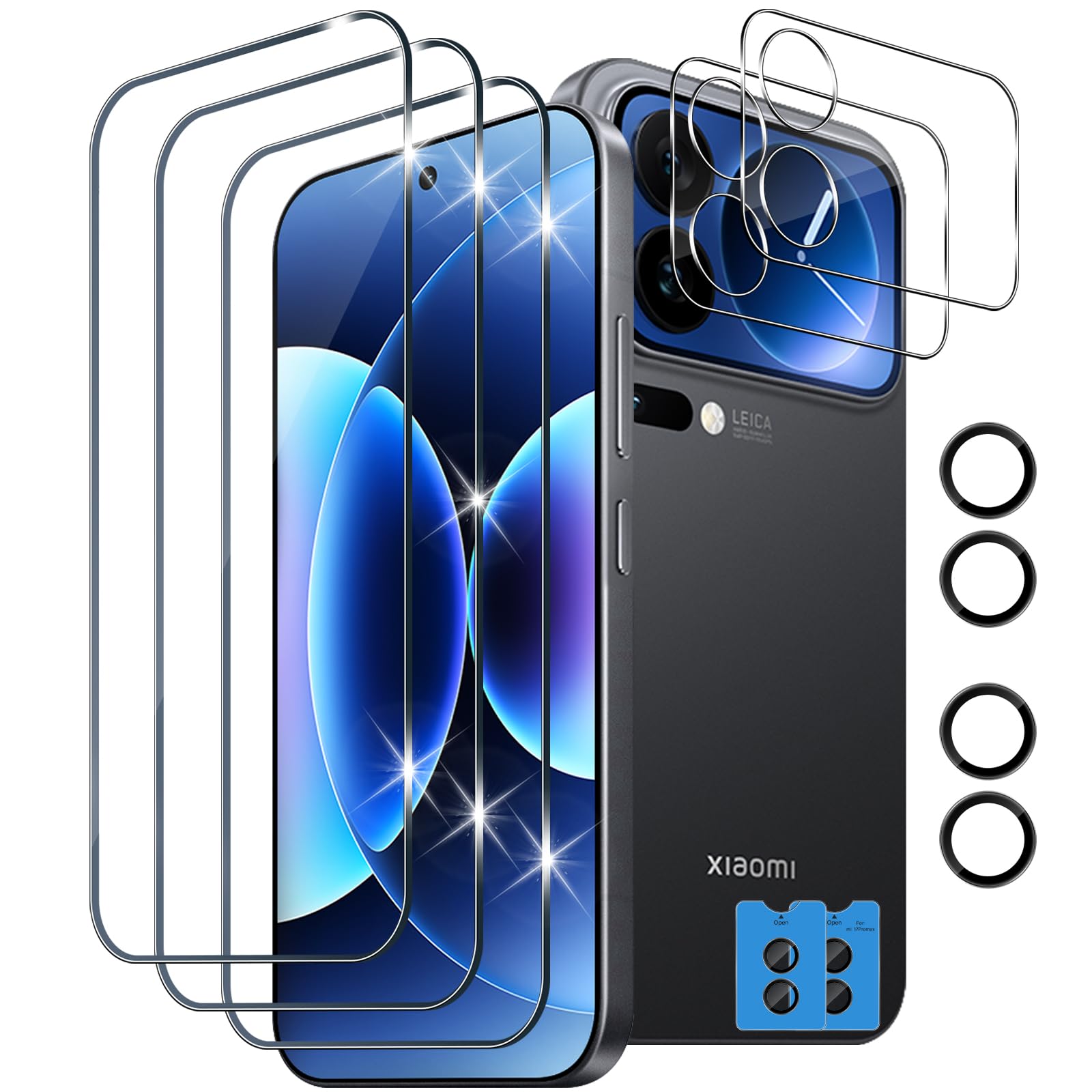 Screen Protector for Xiaomi 17 Pro Max, 3 Pieces Tempered Glass+2 Pieces Camera Lens Protector+2 Pieces Rear Glass, 9H Hardness HD Scratch Resistant [Transparent]