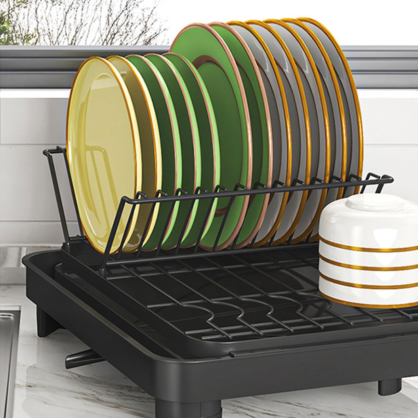 Estante de ahorro de espacio para placas de secado de platos multifuncionales drenaje con soporte para cubiertos, organización de cocina, suministros de sistema de drenaje automático