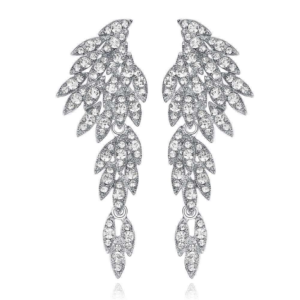 mecresh Retro Statement Angel Wings Wedding Crystal Rhinestone Cluster Chandelier Hollow Dangle Earrings Clip for Women's Day
