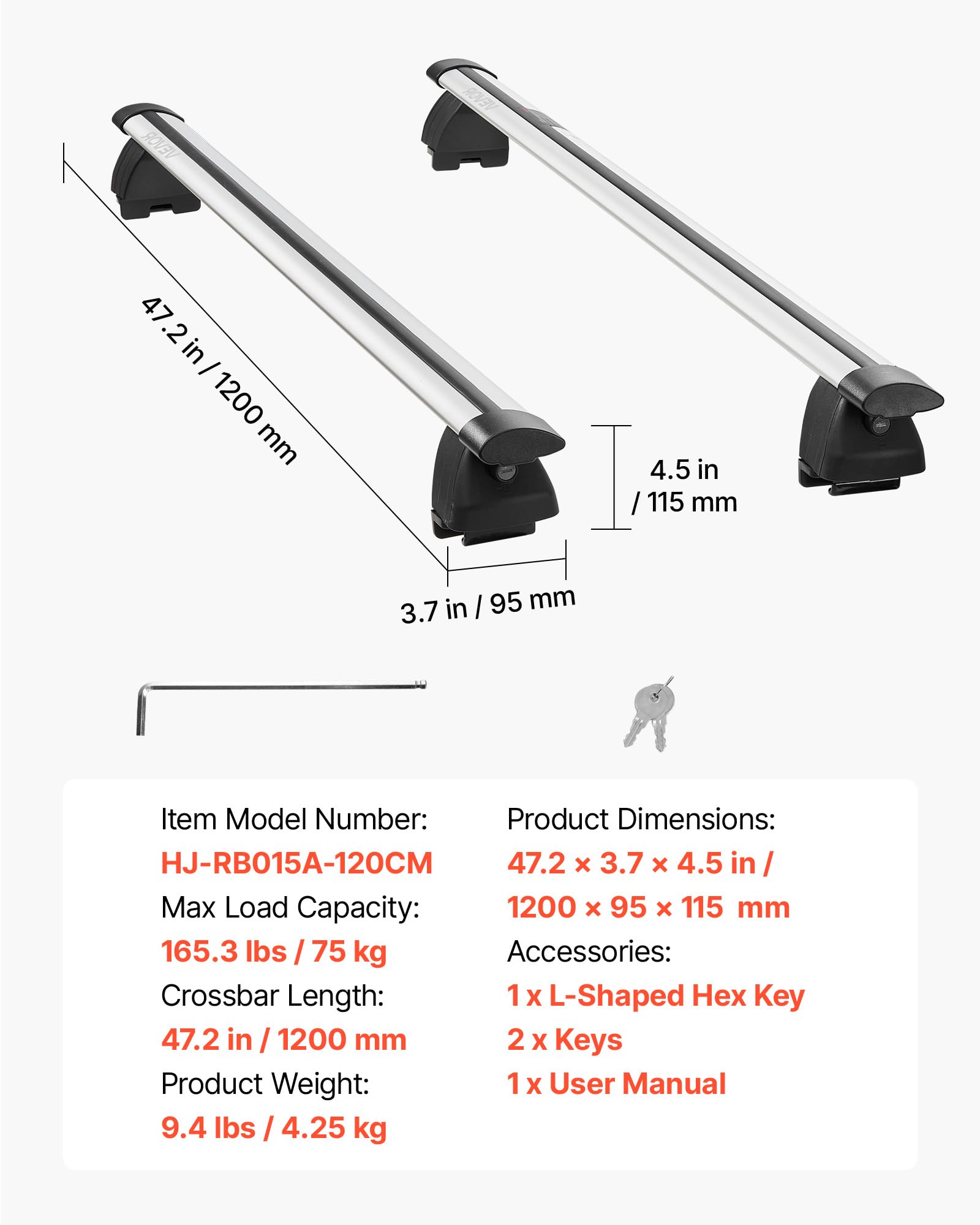 VEVOR Bagażnik dachowy do samochodu SUV, bagażnik dachowy, maksymalne obciążenie 75 kg, długość 1200 mm, 2 sztuki do uniwersalnych aluminiowych bagażników, rowerów, podróży, kempingu, wędkowania