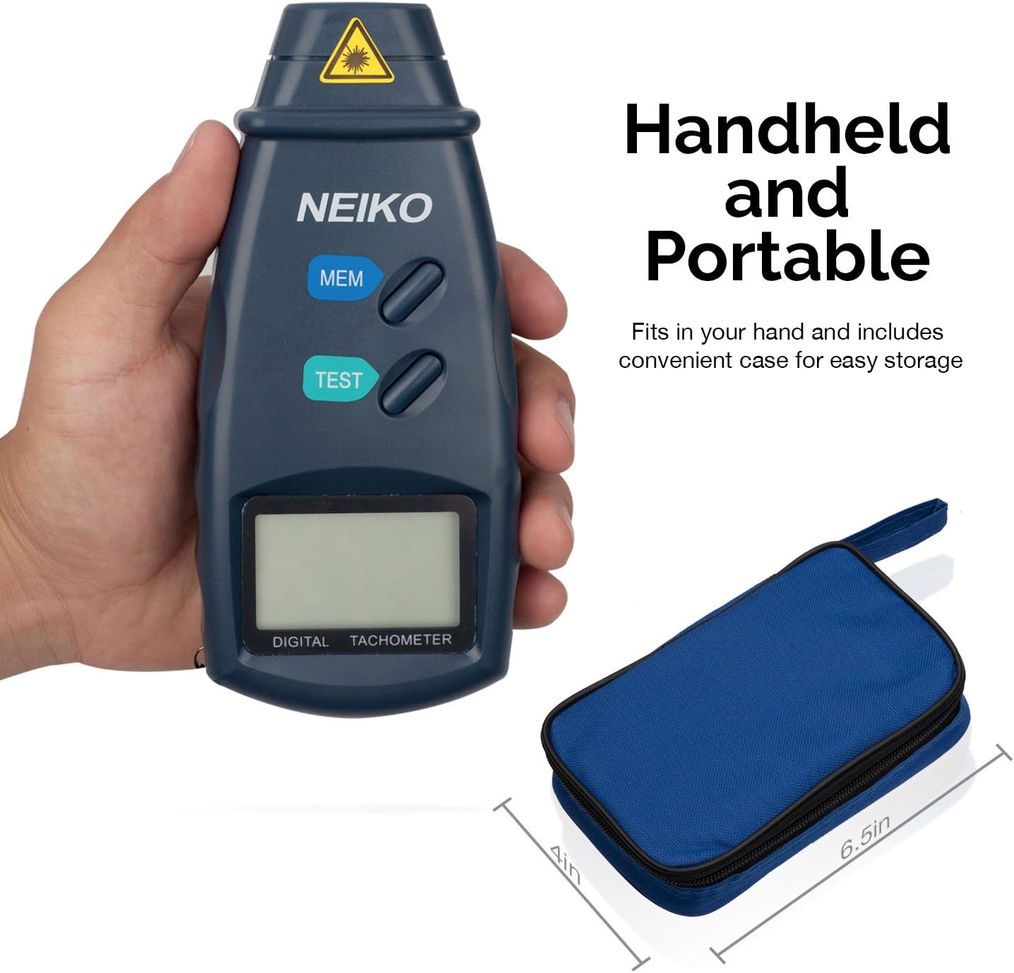 NEIKO 20713A Digital Tachometer next to its blue carry case
