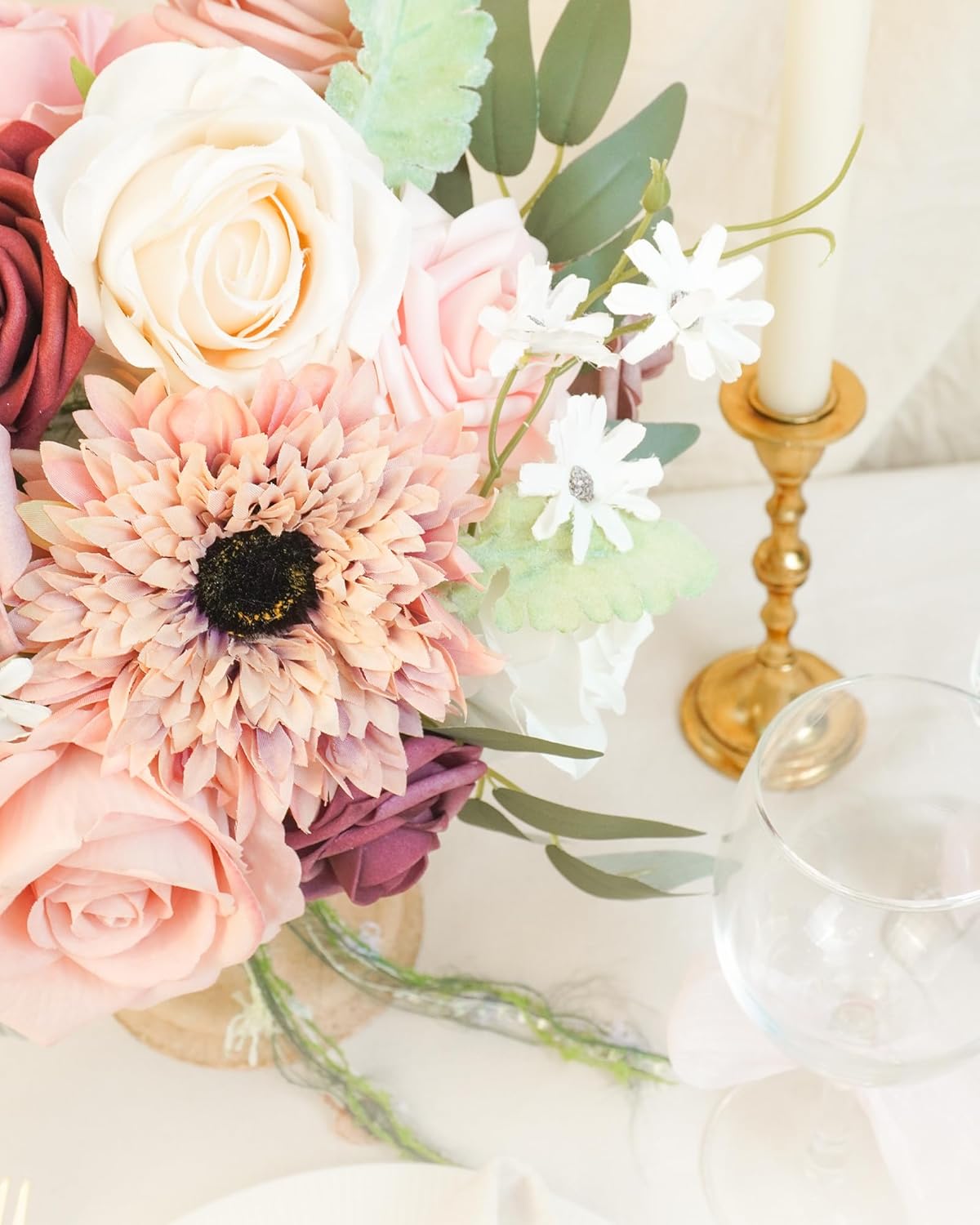 Dusty Rose and Burgundy Artificial Flowers Combo Box, Fake Blush Roses with Pink Silk Daisy, Faux Floral Arrangements with Stems for DIY Wedding Bouquets Centerpieces Bridal Shower Decorations