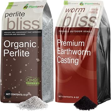 Perlite Bliss 8 Qts + Worm Bliss 8 Qts - Organic Perlite for Plants & Worm Castings for Plants - Earthworm Castings Organic Worm Fertilizer - Horticultural Perlite for Gardening & Potting Soil