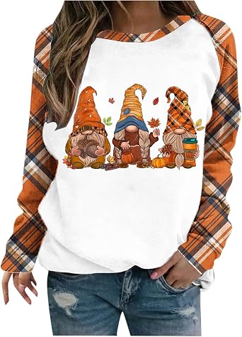 Womens Thanksgiving Sweatshirt Cute Gnomes Pumpkin Truck Print Pullover Maple Leaf Raglan Long Sleeve Holiday Shirts