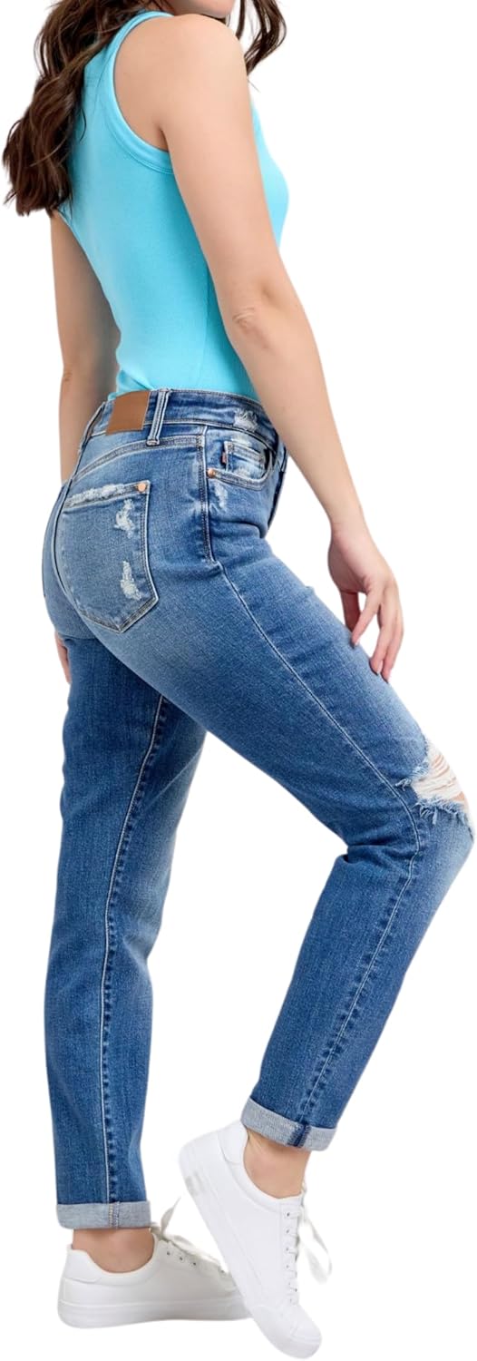 Judy Blue Mid Rise Button-Fly Boyfriend Jeans, Inseam 30"