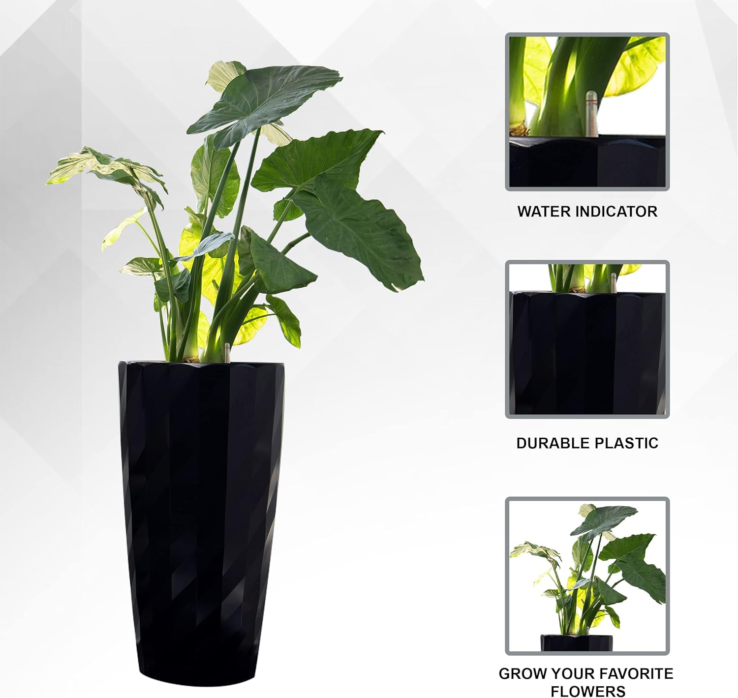 XBrand 30" H Black Plastic Self Watering Indoor Outdoor Diamond Look Round Planter Pot, Tall Decorative Gardening Pot, Home Décor Accent