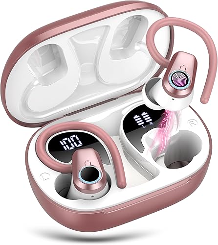 Miniatura 10 de Auriculares inalámbricos, auriculares Bluetooth 2023 5.3 Sport, auriculares 50H con ganchos para los oídos, pantalla LED dual, auriculares Negro