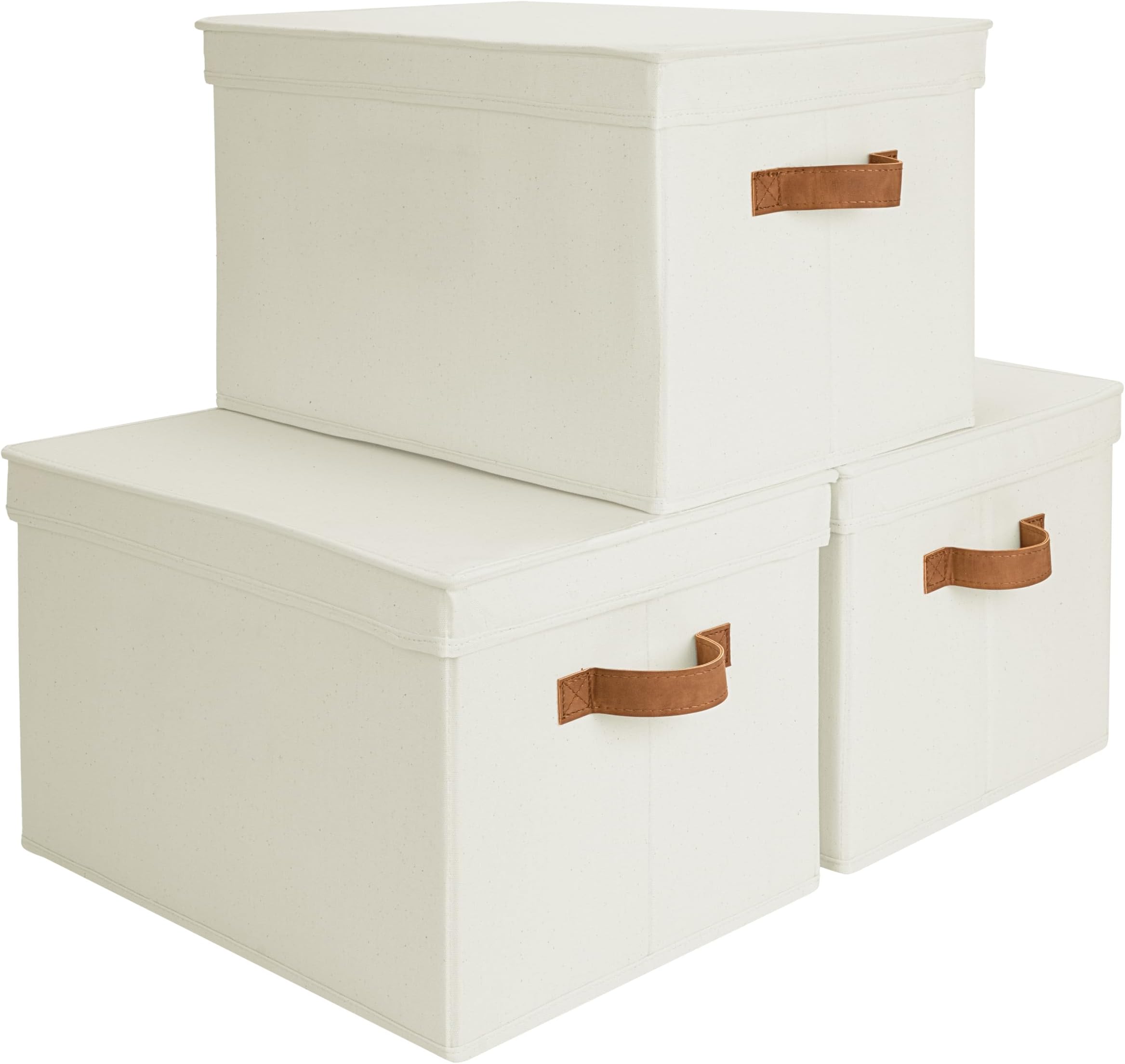 Storage Bins with Lids, Decorative Storage Boxes with Lid and PU Handles, Foldable Storage Baskets for Closet, Shelves, Stackable, Ivory, Jumbo, 3-Pack