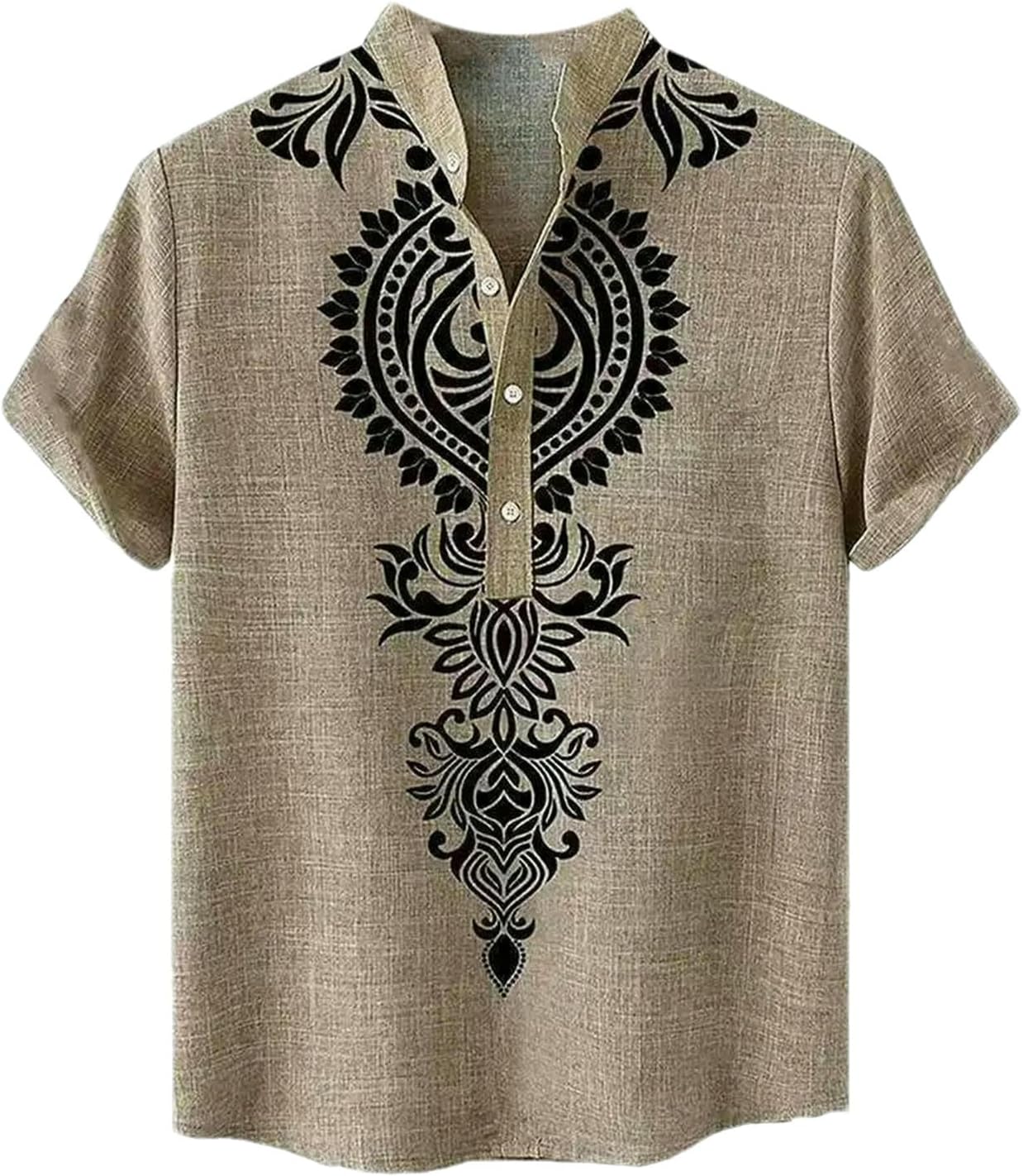 Men's Short Sleeve Half Tops Pullover Cardigan Button Stand Collar Solid Color Half Collar Vintage Shirt
