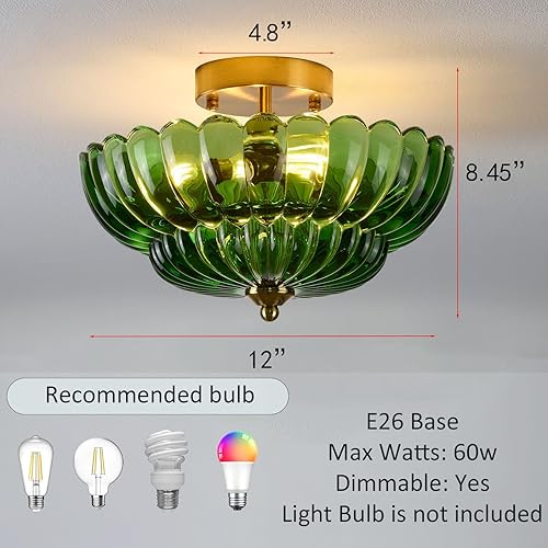 Miniatura 4 de Lámpara de techo semiempotrada, lámpara de techo de vidrio verde, 3 bombillas doradas cerca del techo, luces de techo de vidrio vintage para