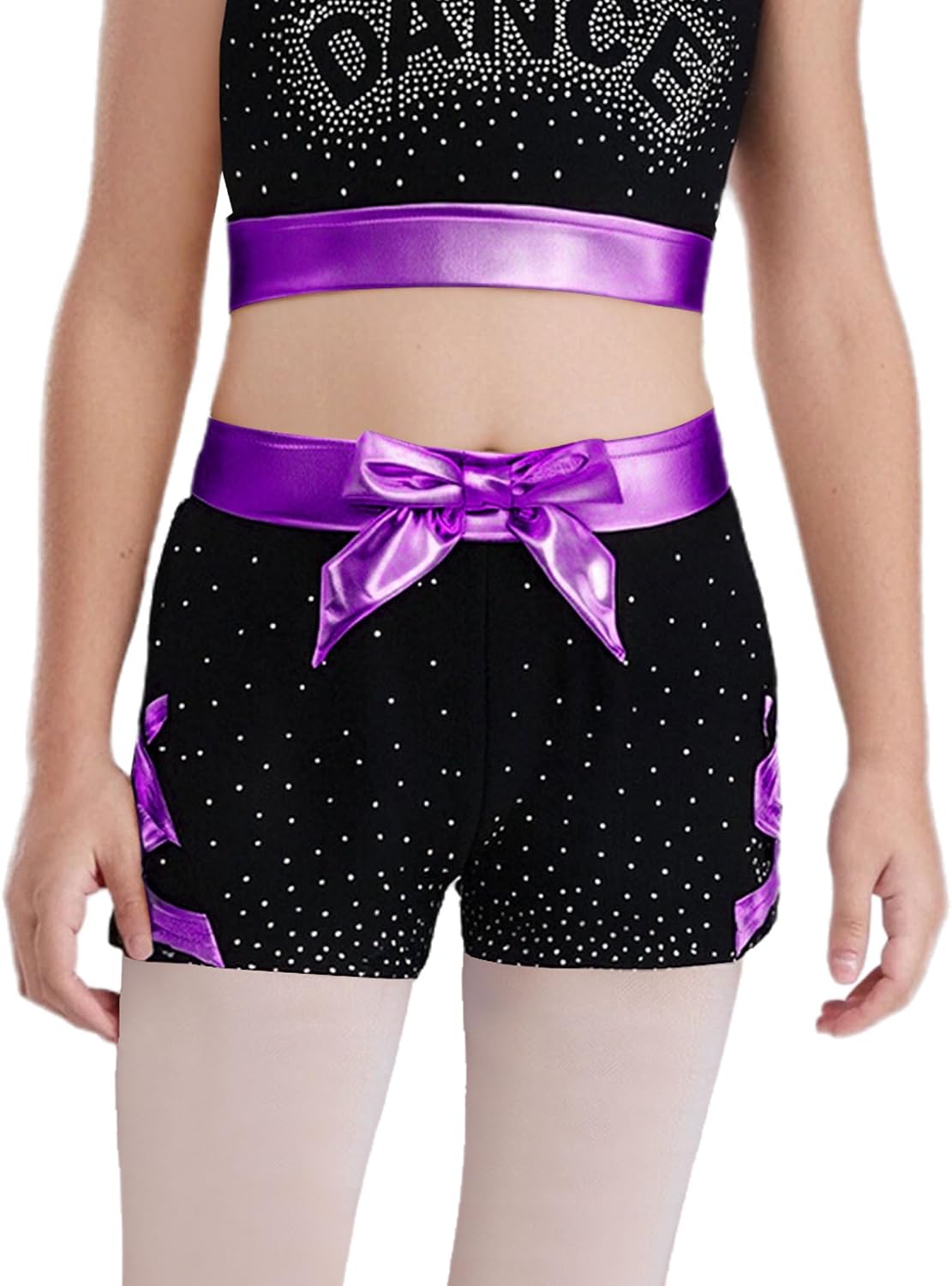 Kids Girls Rhinestone Dance Shorts Ballet Jazz Dance Metallic Bow Shorts Gymnastics Performance Costume