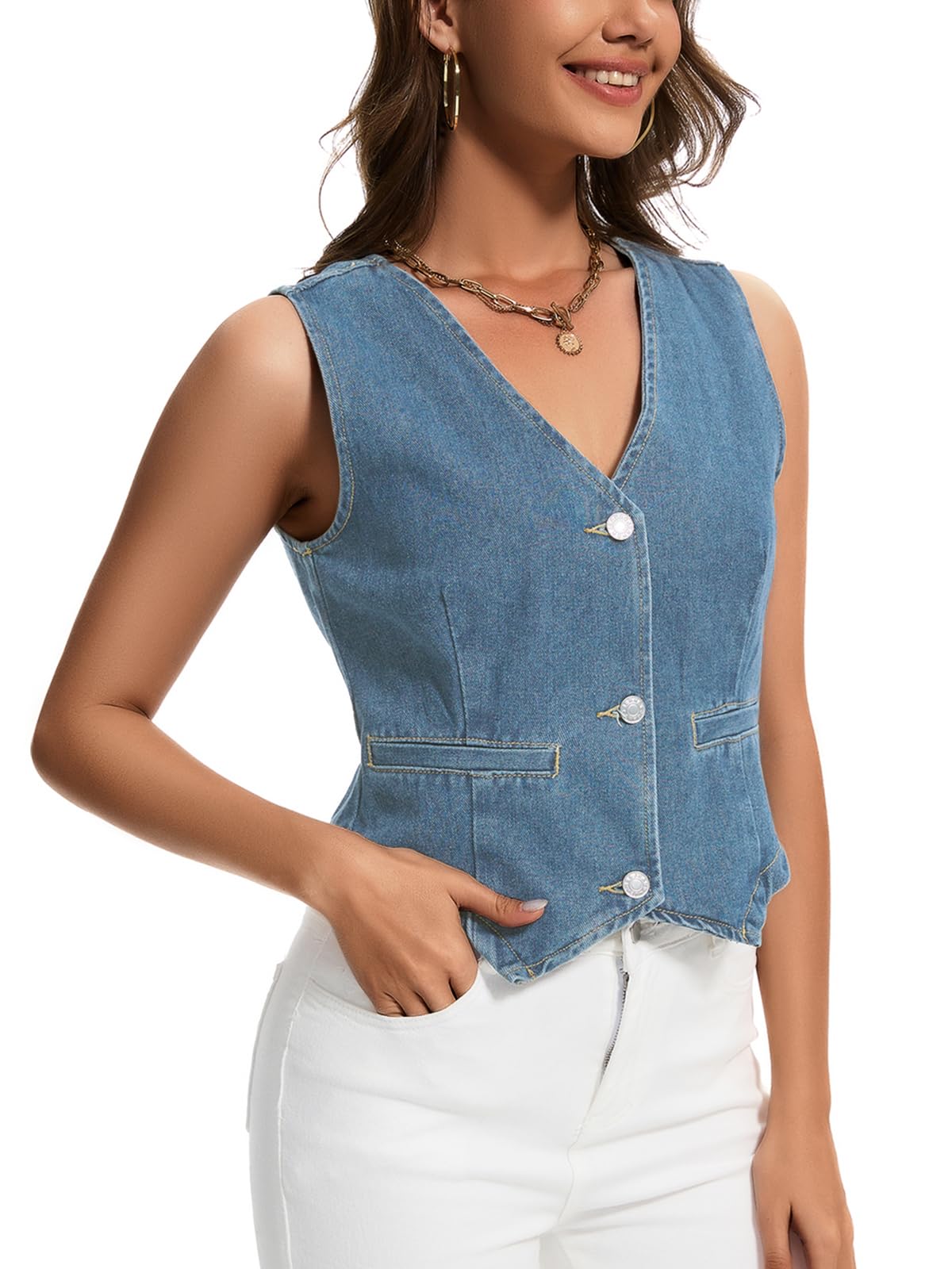 J.Corrine Damen Denim Weste Top Casual V-Ausschnitt Knopflei