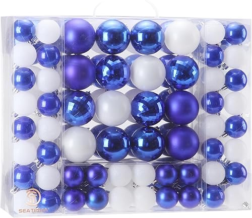 Sea Team - Paquete de 87 esferas navideñas irrompibles de color azul, varios tamaños, decoración de temporada para colgar en árbol de Navidad, para